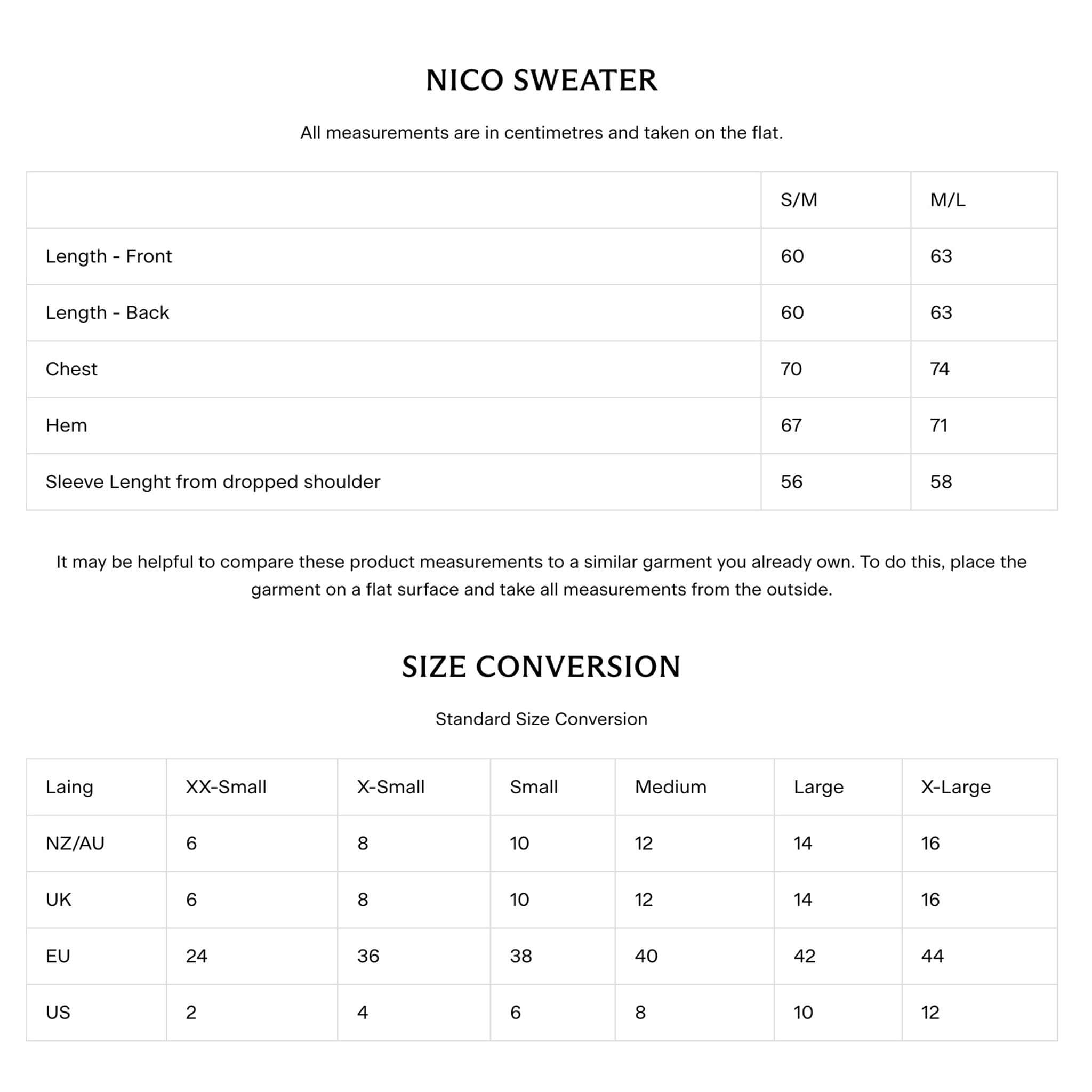 Sizing chart for Laing Nico Merino Oversized Sweater - Cream measurements and size conversion guide.