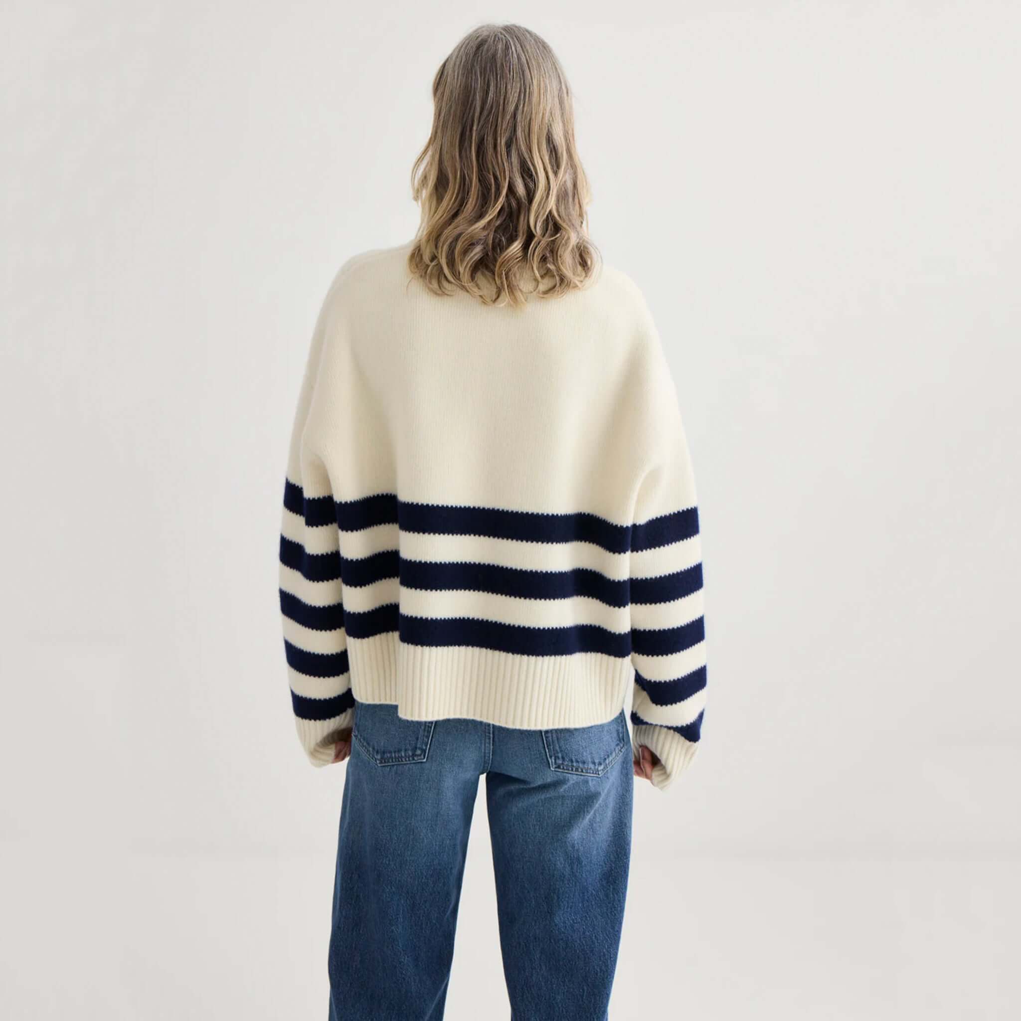 Laing Oversized Stripe Crew - Ivory & Midnight shown from the back, featuring bold midnight stripes on an ivory base.