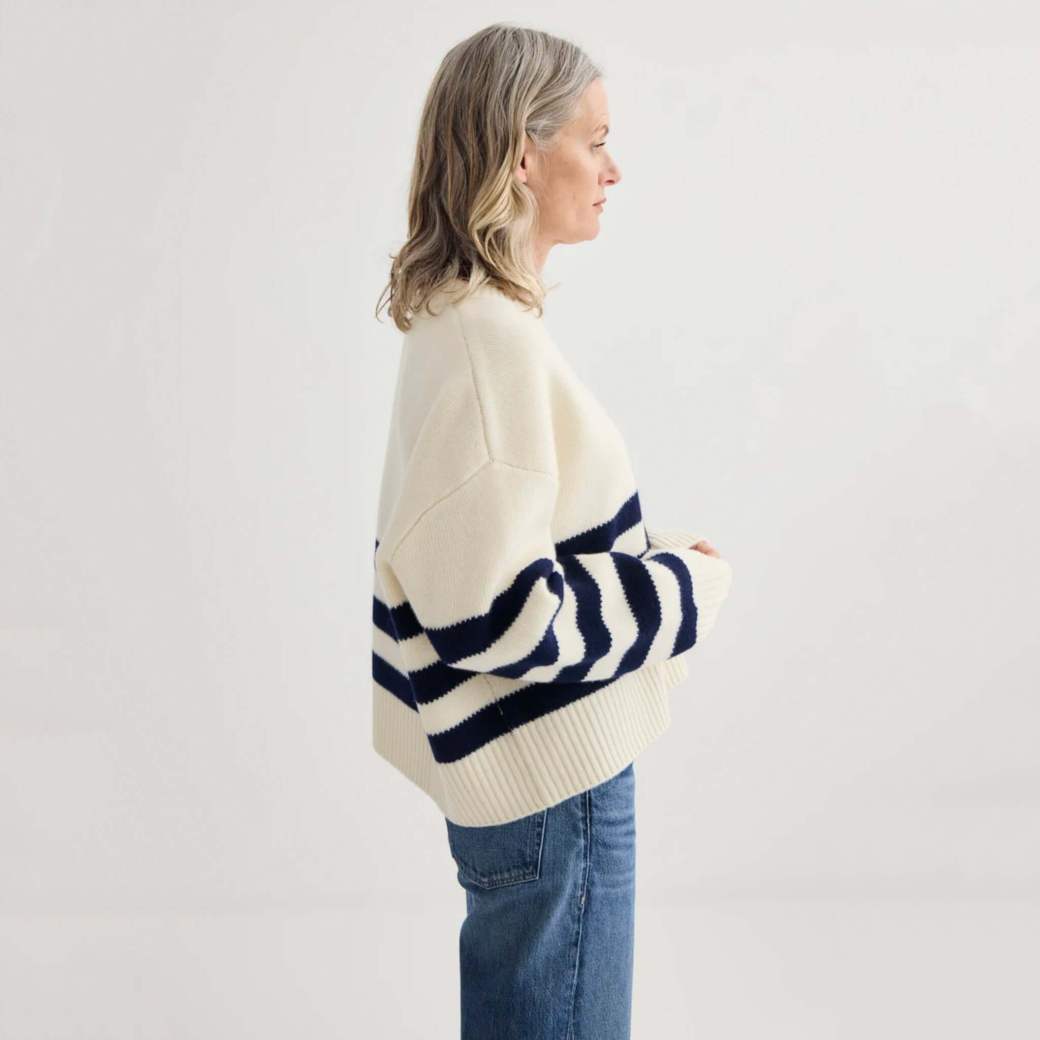 Laing Oversized Stripe Crew - Ivory & Midnight featuring bold midnight stripes and a modern oversized silhouette.