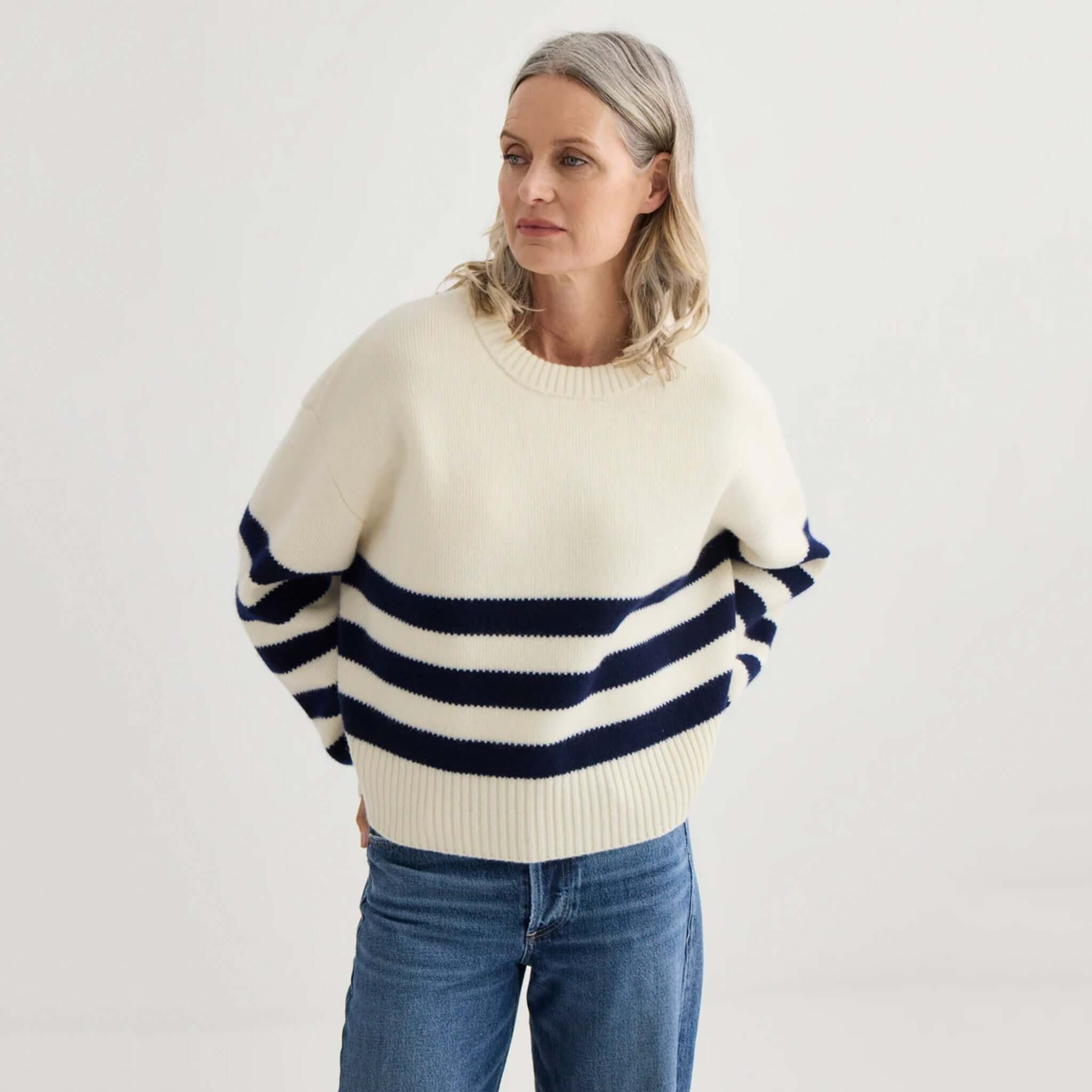 Laing Oversized Stripe Crew - Ivory & Midnight displayed on a model, featuring bold midnight stripes on ivory.