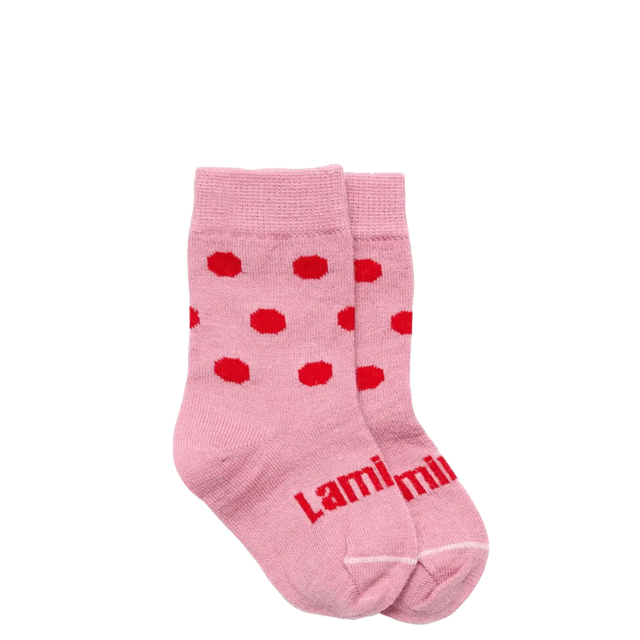 Lamington Merino Crew Baby Socks - Cherry in pink with red spots, perfect for keeping tiny feet cozy.