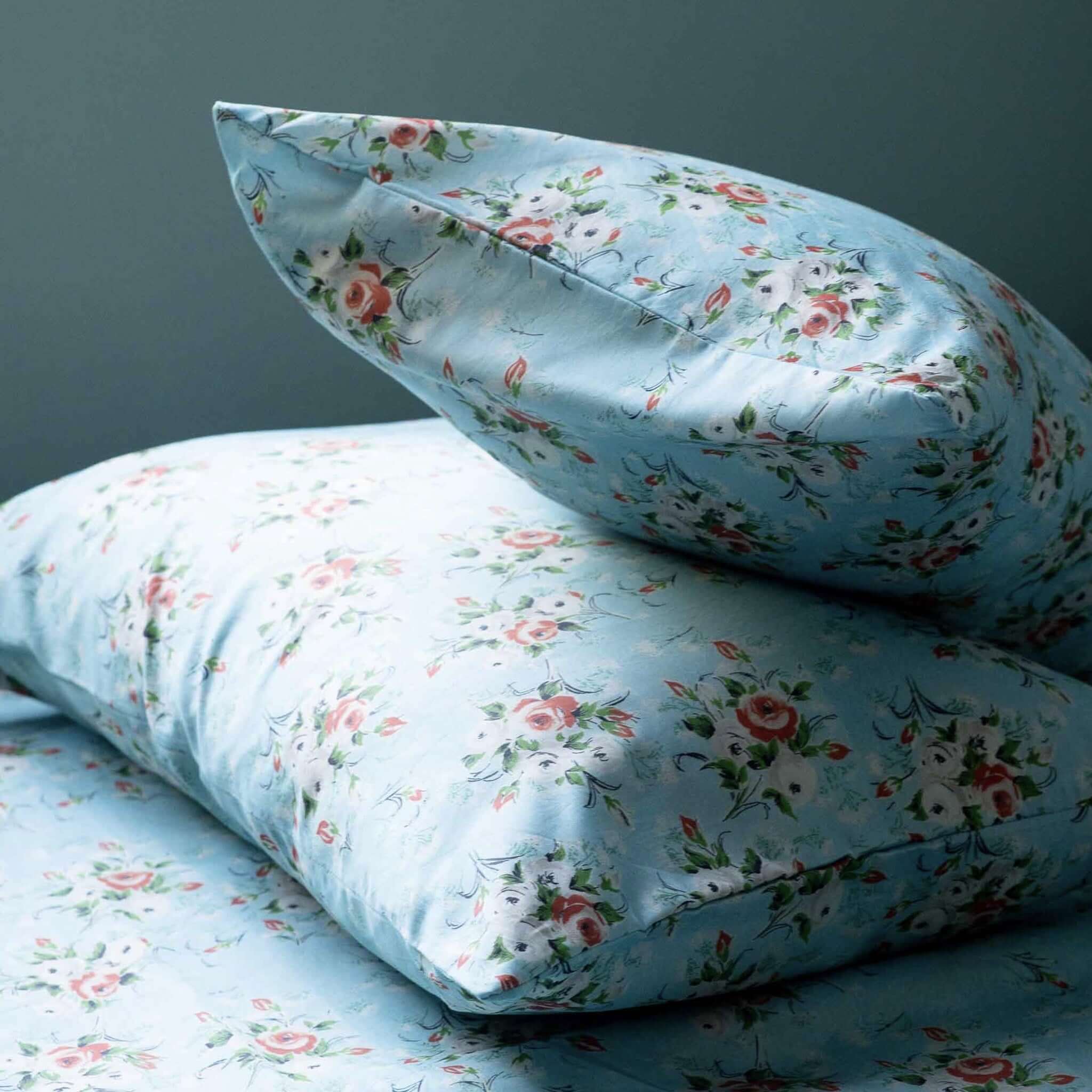 Alt Tag: Lazybones Organic Cotton Bedlinen Set - Rosebank sky blue vintage floral organic cotton pillowcases and sheet set