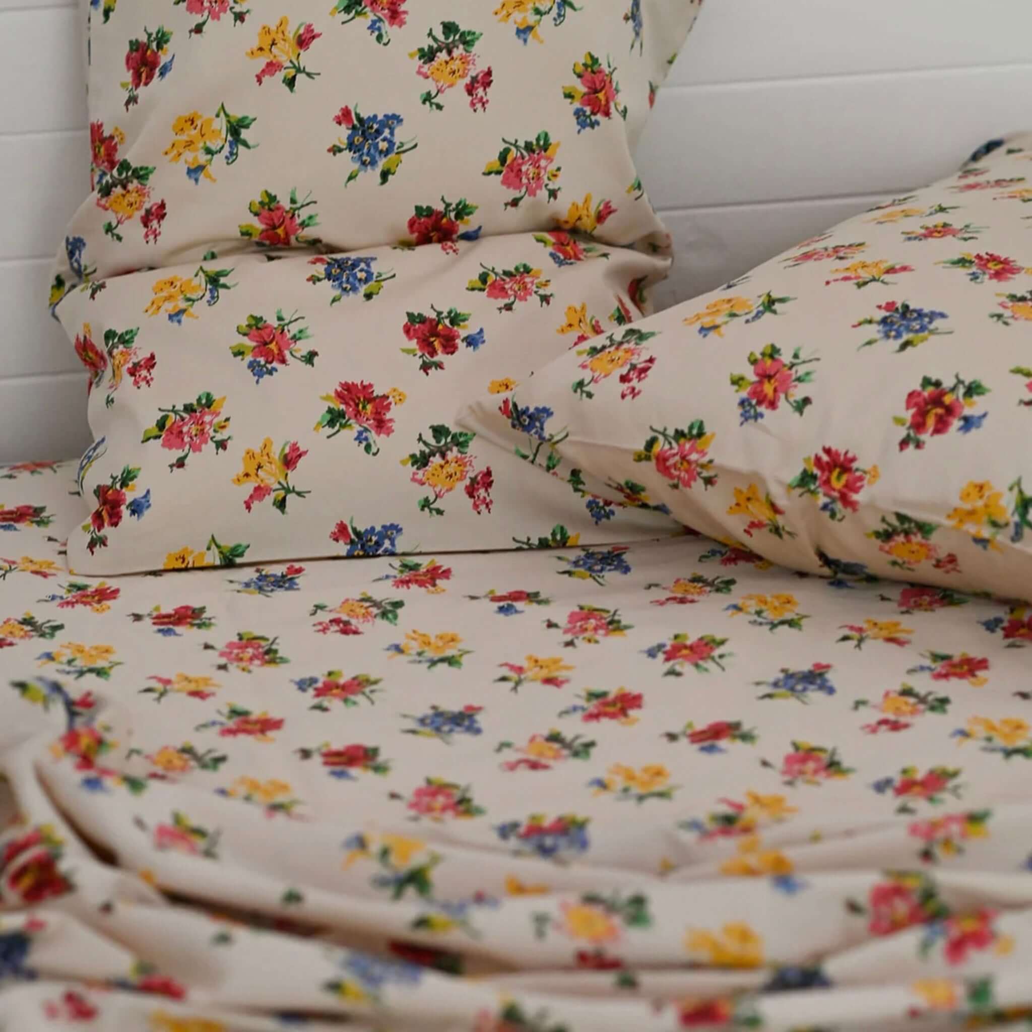 Alt Tag: Lazybones Organic Cotton Bedlinen Set - Meadow floral organic cotton sateen sheets and pillowslip in vintage cream meadow print