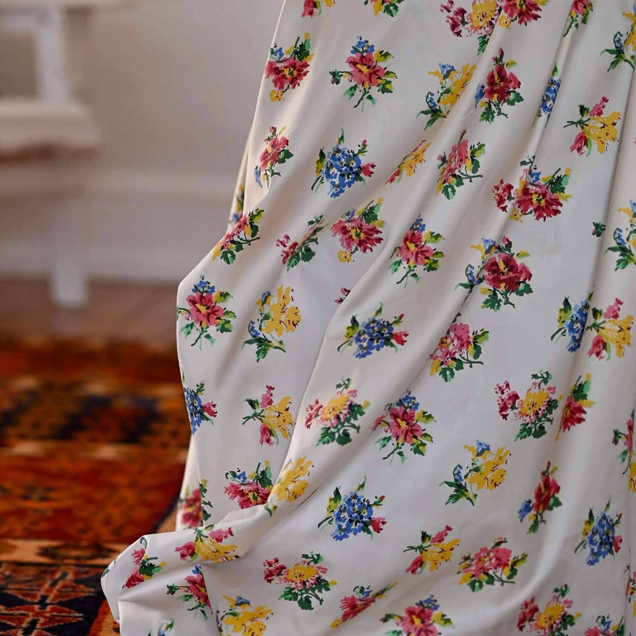 Alt Tag: Lazybones Organic Cotton Bedlinen Set - Meadow floral organic cotton sateen sheets, bright posies on aged cream background