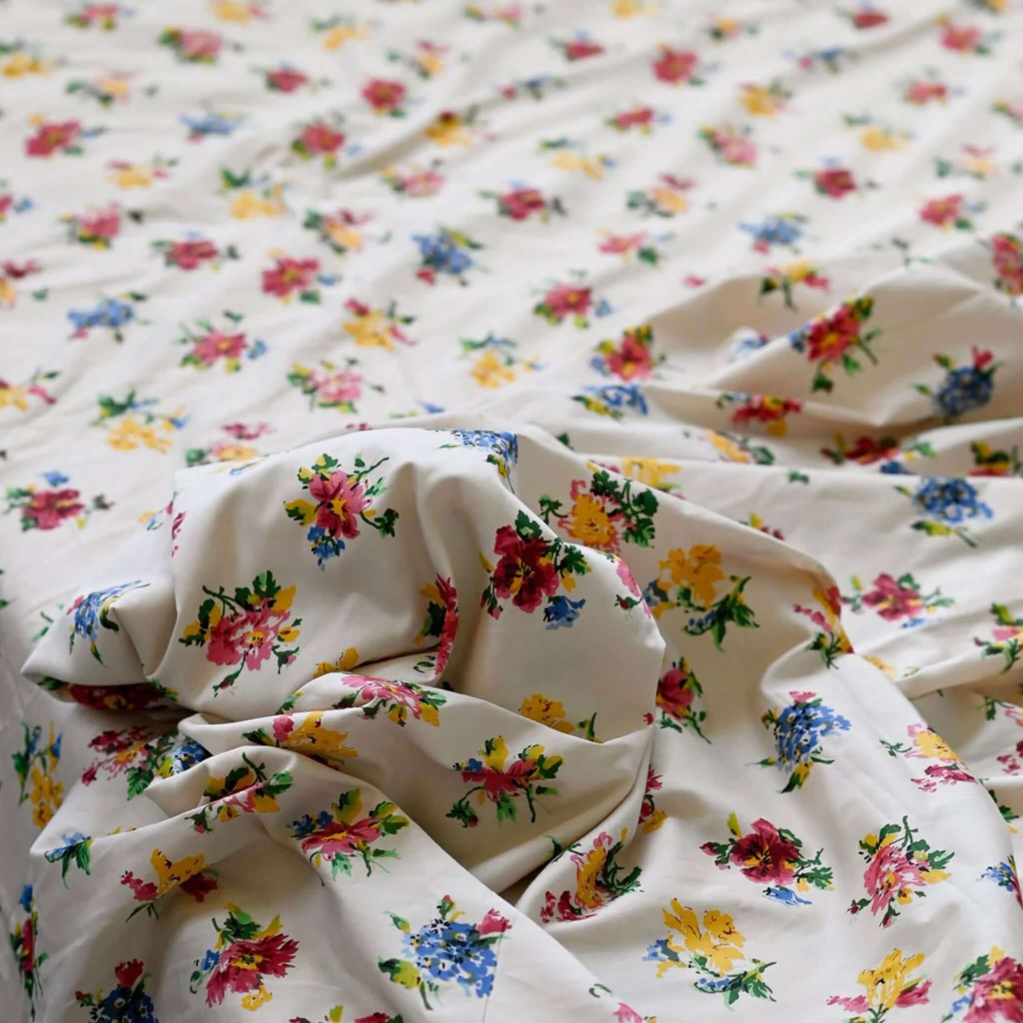 Alt Tag: Lazybones Organic Cotton Bedlinen Set - Meadow vintage floral organic cotton sateen sheets in meadow print on aged cream background