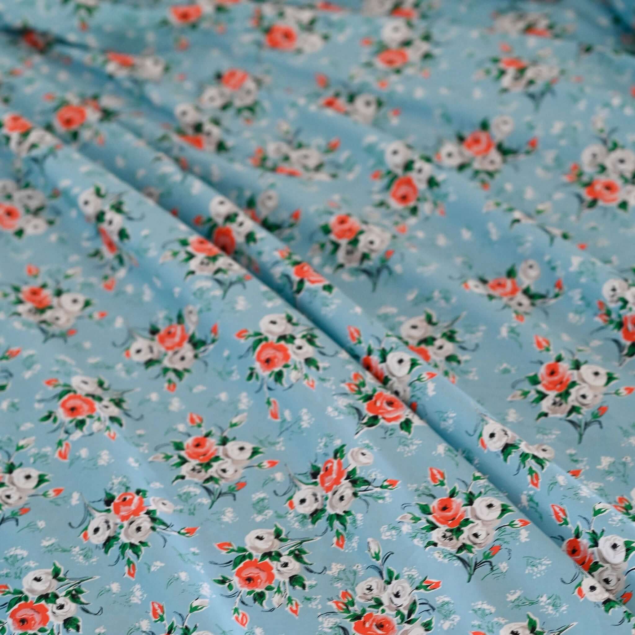 Alt Tag: Lazybones Organic Cotton Bedlinen Set - Rosebank sky blue organic cotton bedding with coral, grey & white rose vintage floral print