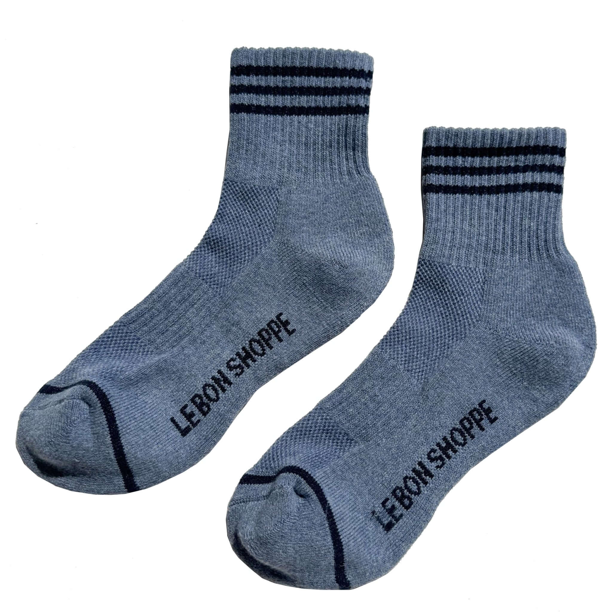 Le Bon Shoppe Girlfriend Socks - Indigo featuring triple contrast stripe and classic crew length.