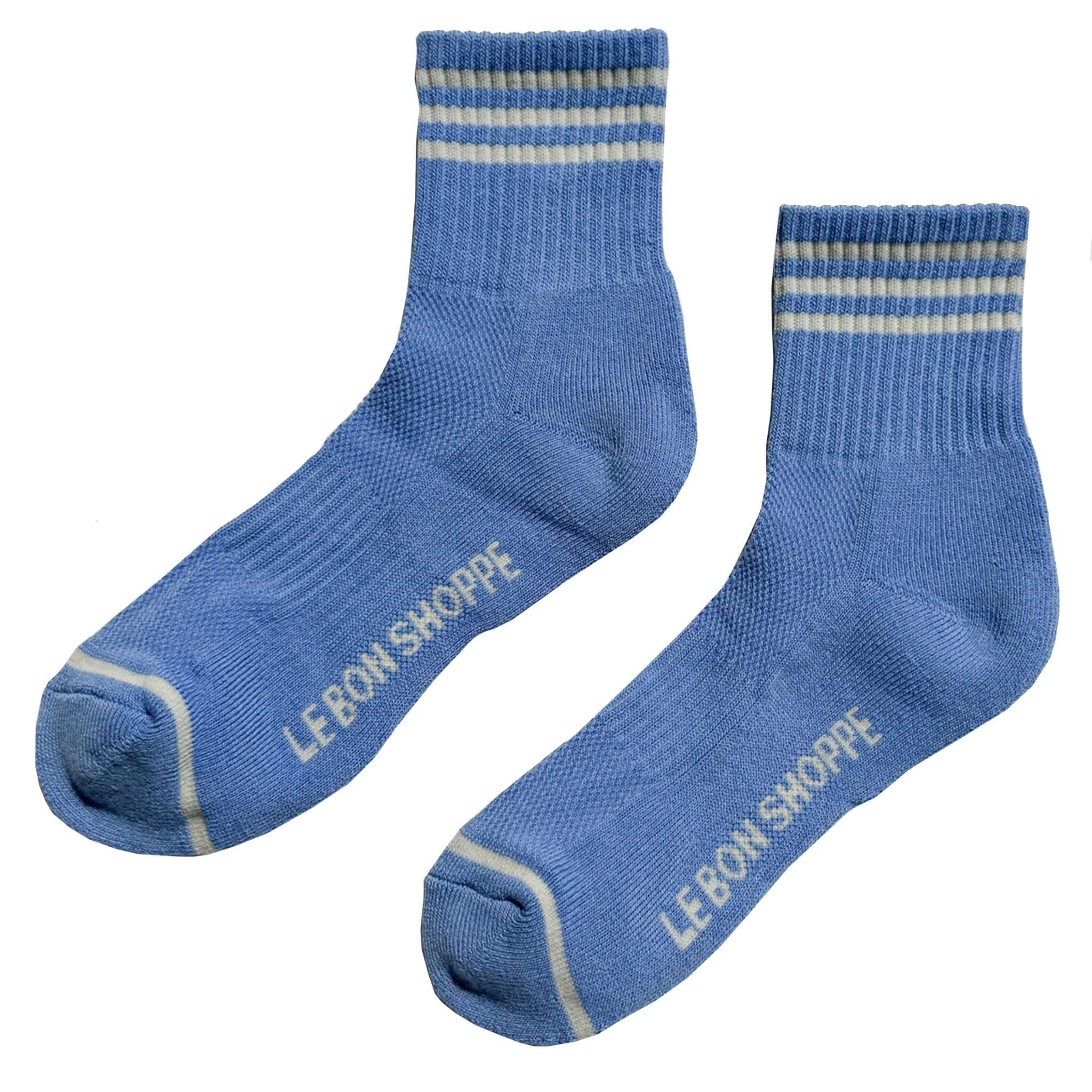Le Bon Shoppe Girlfriend Socks - Parisian Blue with triple contrast stripe design.