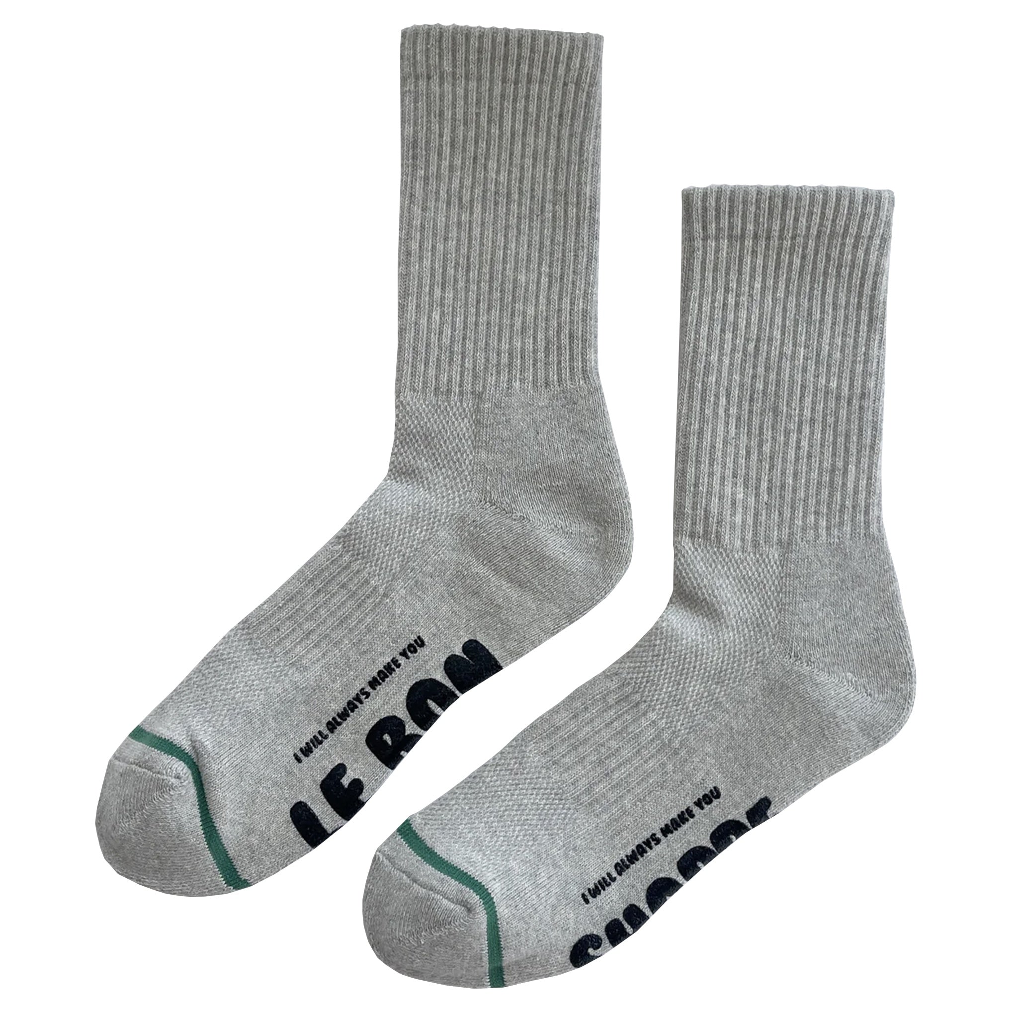 Pair of gray socks with brand logo on a white background