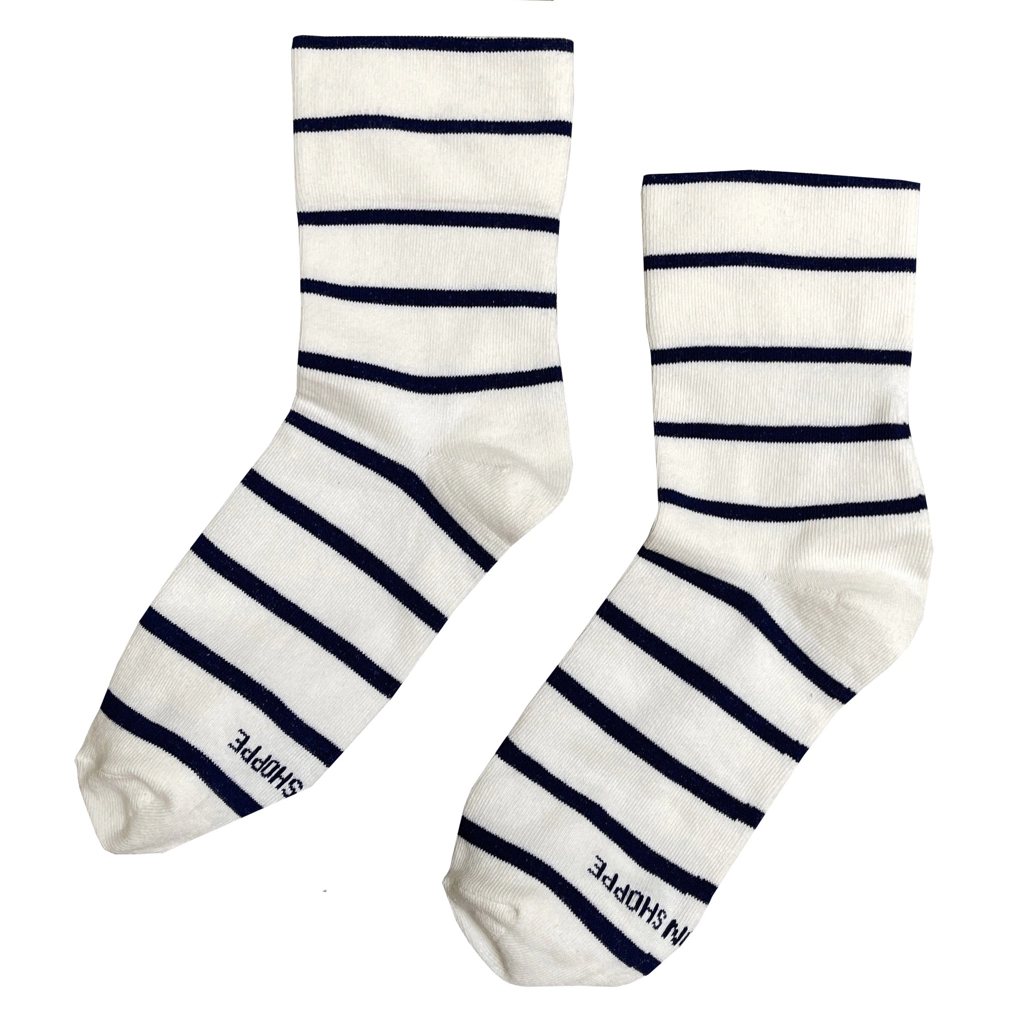 Pair of white socks with navy stripes on a white background
