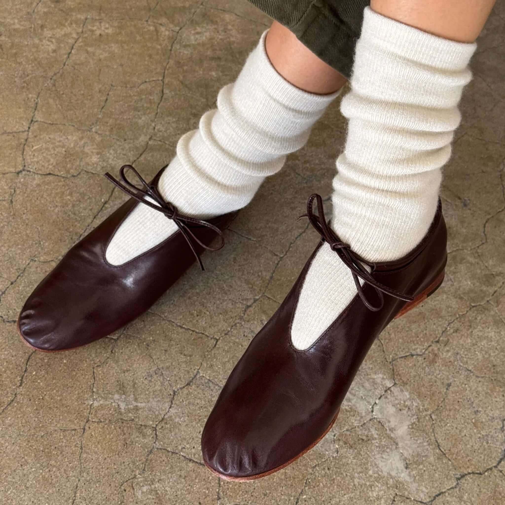 Le Bon Shoppe Camper Socks - Oatmeal worn with stylish brown shoes.