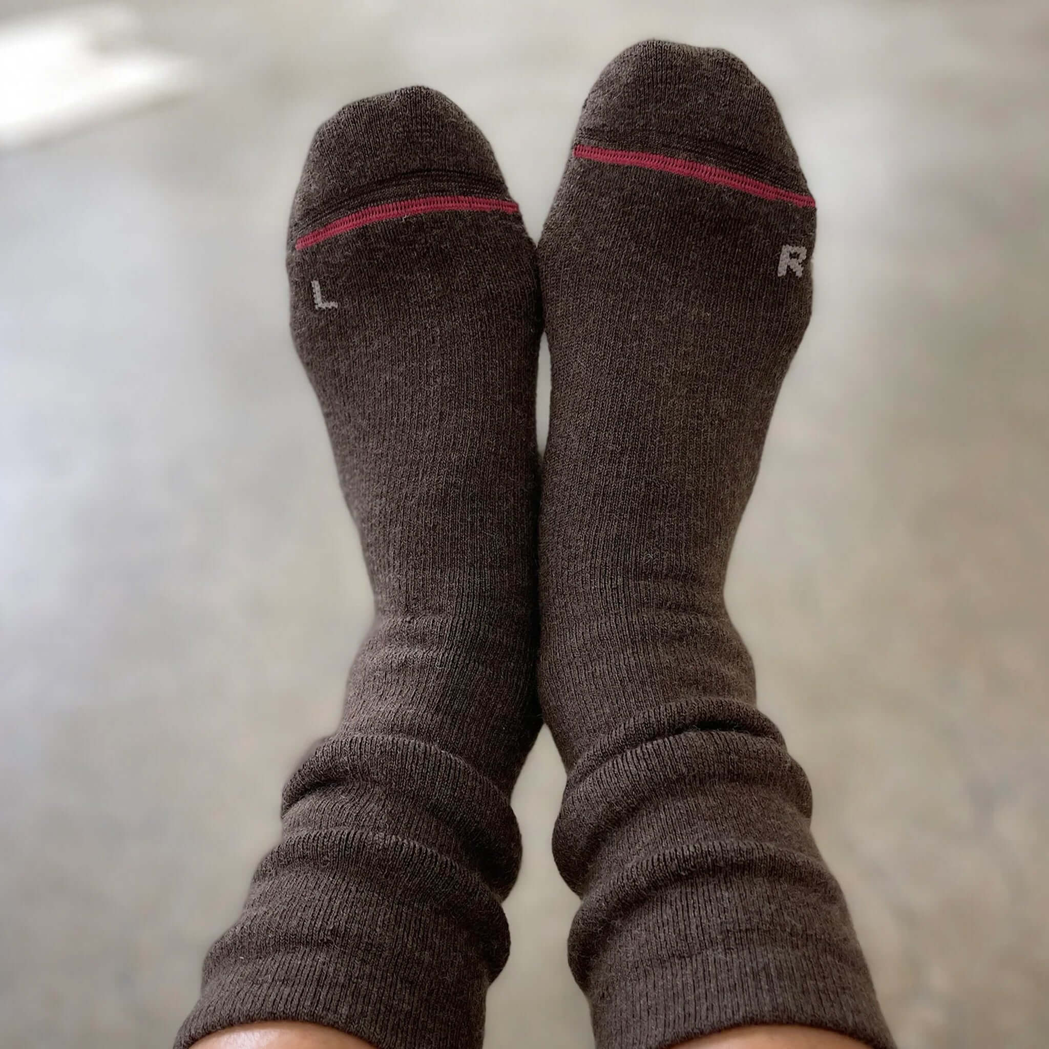 Le Bon Shoppe Camper Socks - Wood displayed on feet, showcasing their warm, comfortable Merino wool blend design.