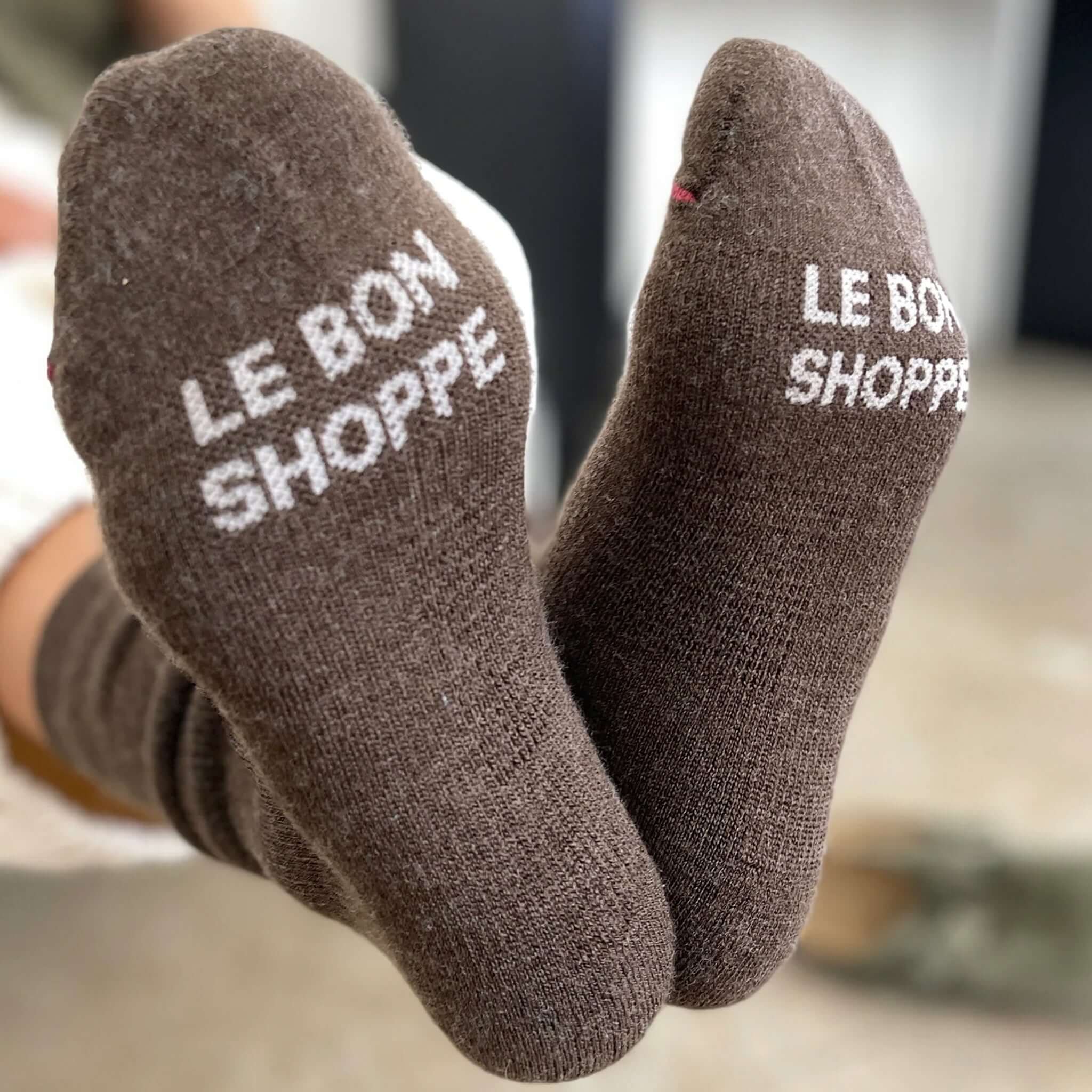 Le Bon Shoppe Camper Socks - Wood showcasing the logo on the soles, perfect for adventures and everyday wear.