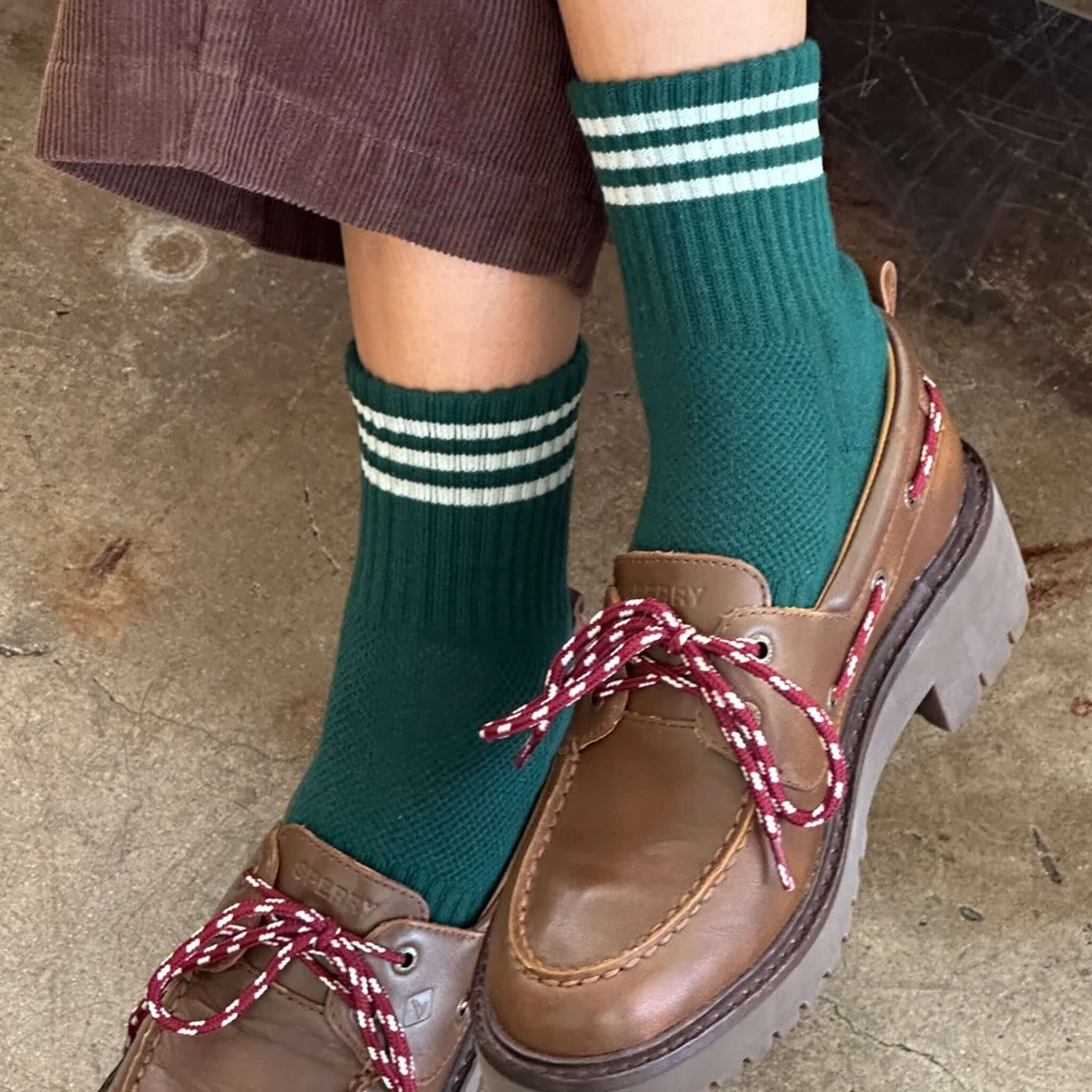 Le Bon Shoppe Girlfriend Socks - Hunter Green worn with stylish brown shoes, showing off the triple contrast stripe.