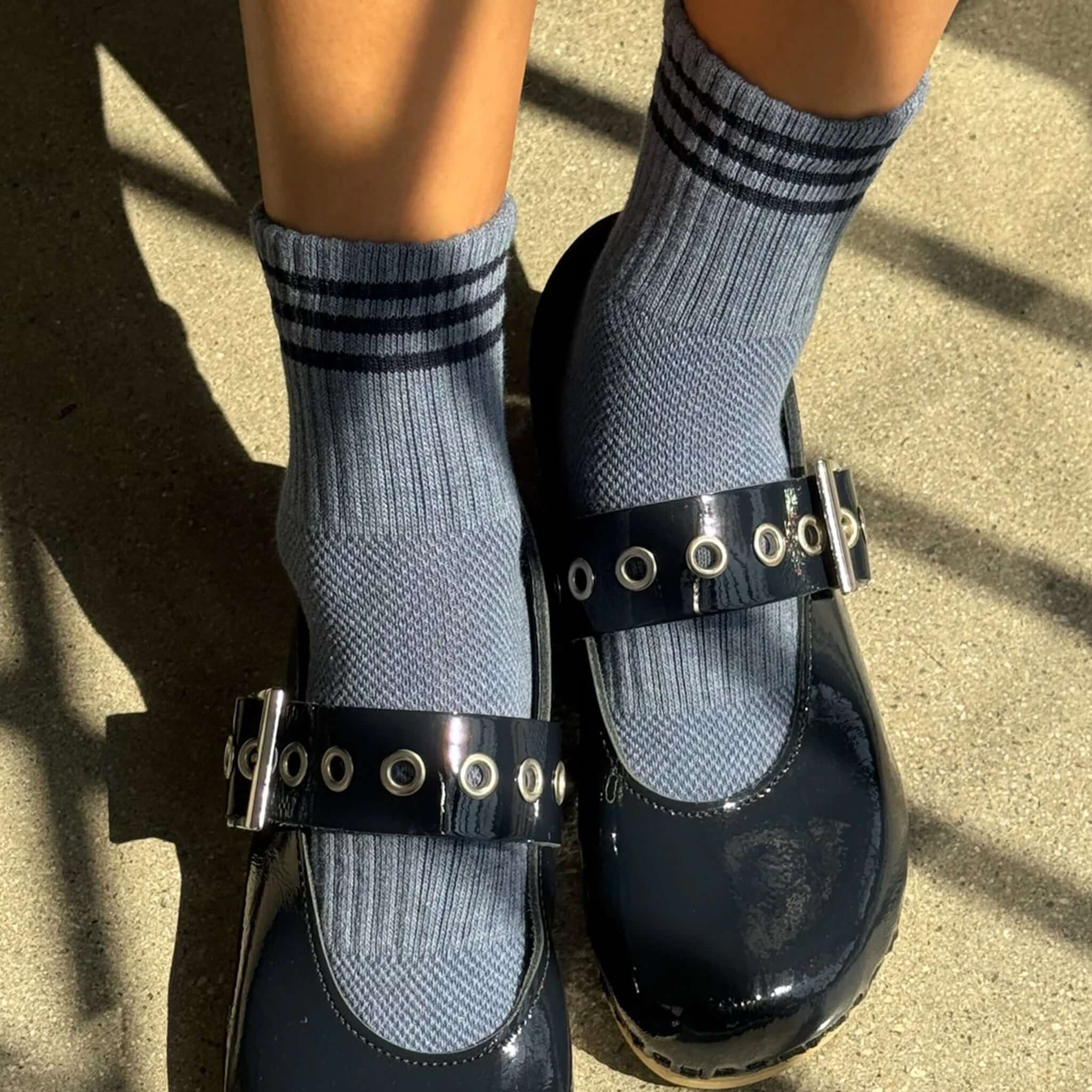 Le Bon Shoppe Girlfriend Socks - Indigo worn with stylish shoes, showcasing the triple contrast stripe design.