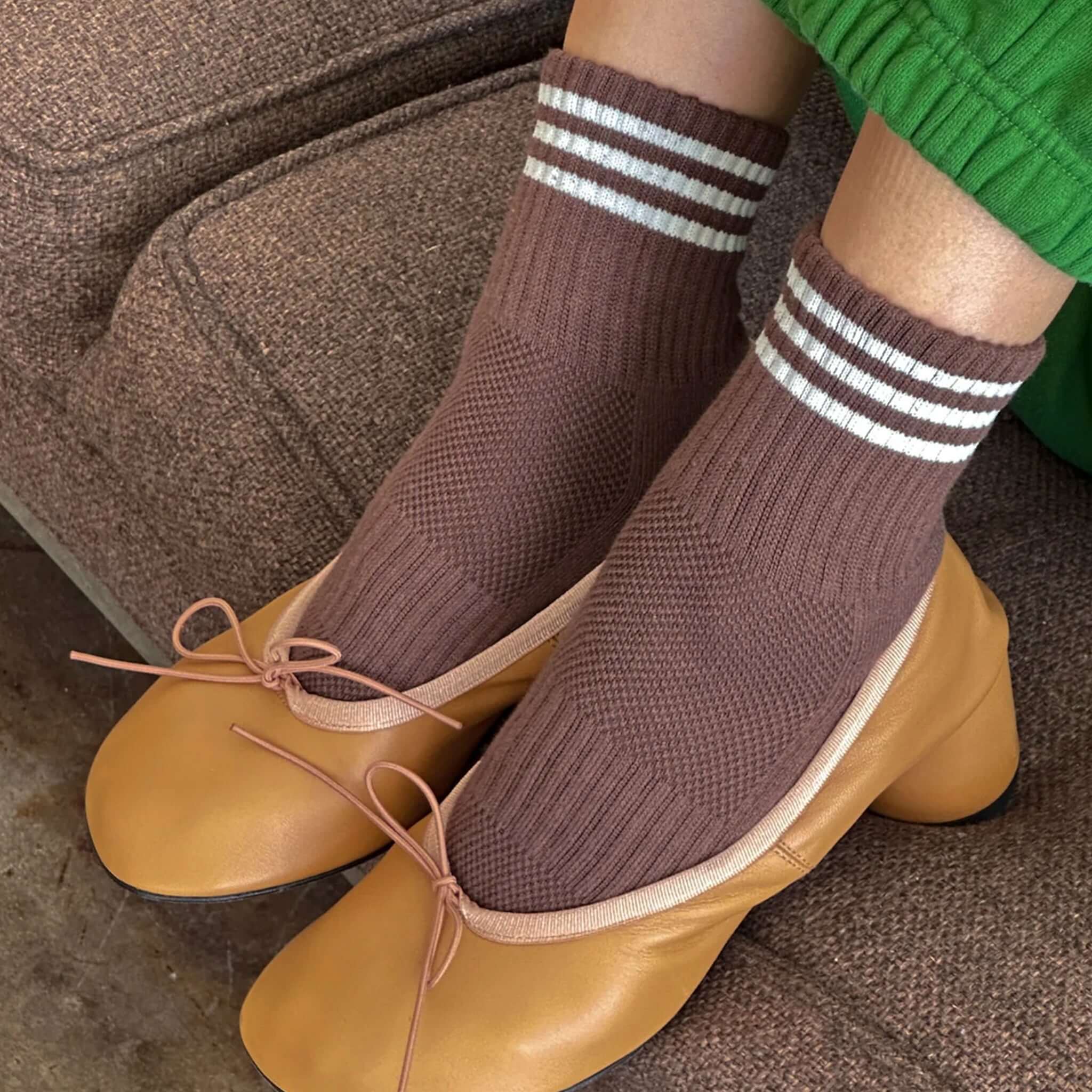 Le Bon Shoppe Girlfriend Socks - Mahogany paired with stylish shoes, showcasing the triple contrast stripe.