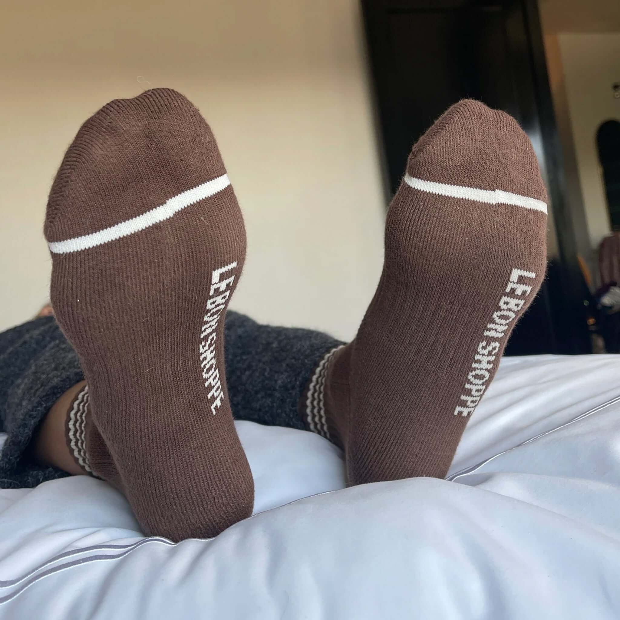 Le Bon Shoppe Girlfriend Socks - Mahogany worn on feet, featuring a triple contrast stripe and crew length.