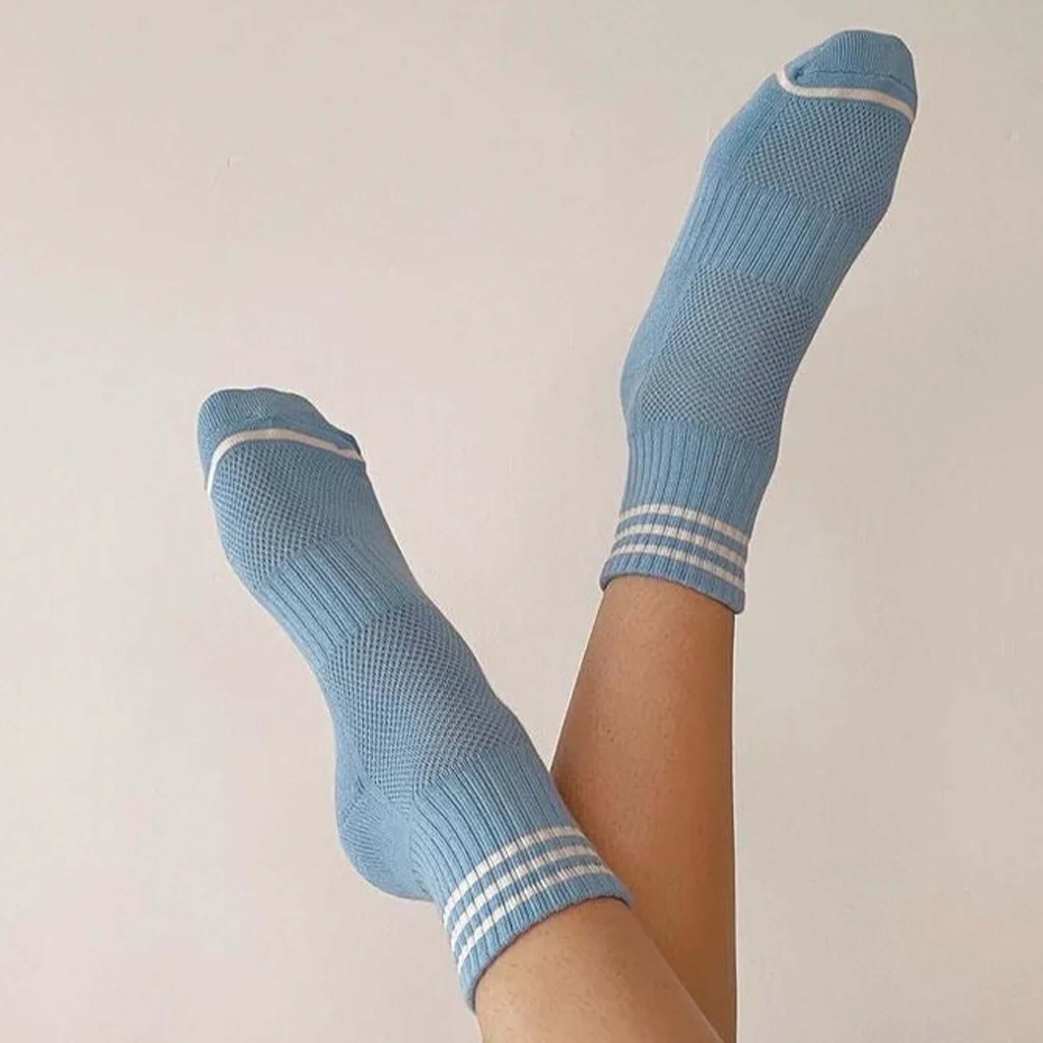 Le Bon Shoppe Girlfriend Socks - Parisian Blue displayed on feet with triple contrast stripe.