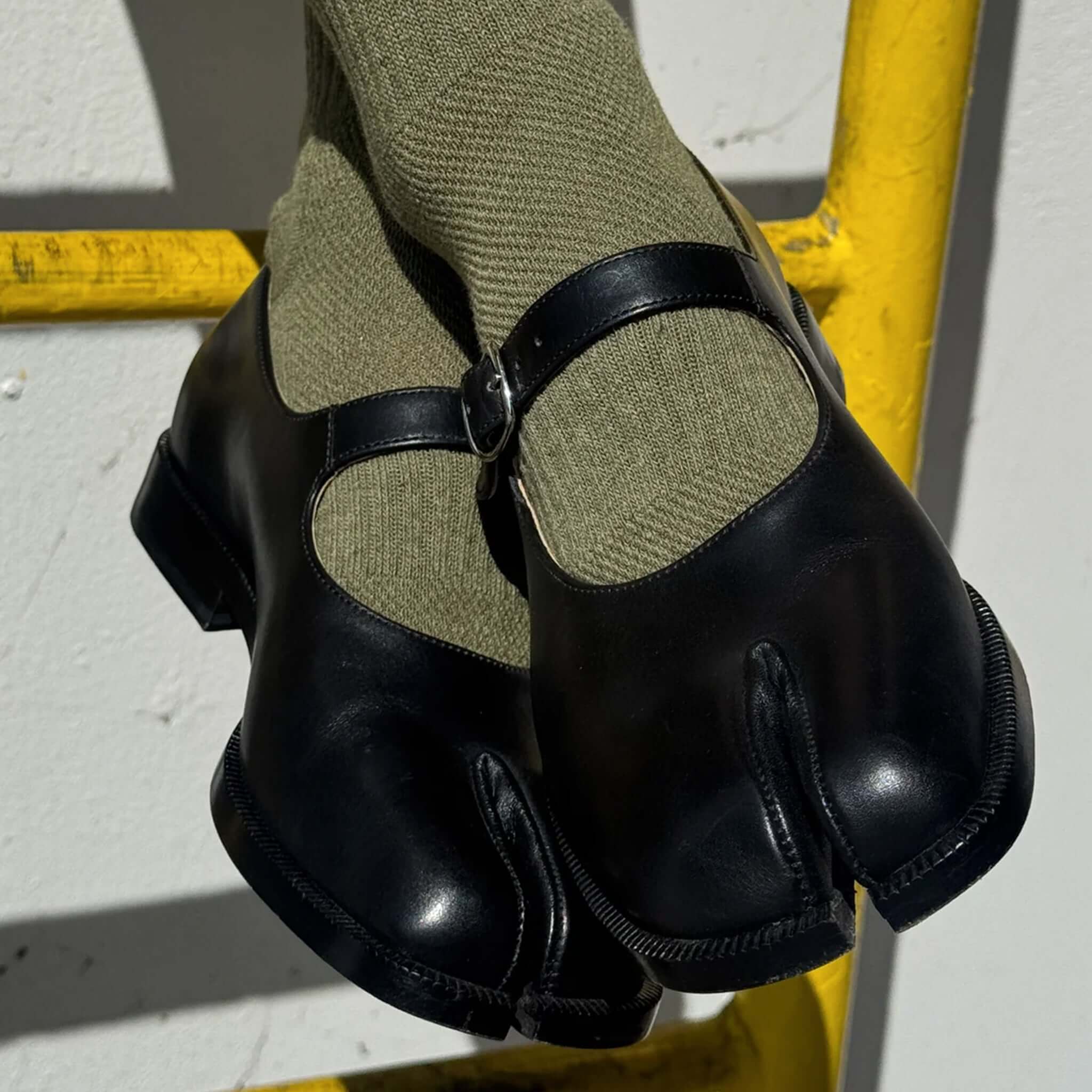 Le Bon Shoppe Girlfriend Socks - Sage paired with stylish black vintage Mary Jane shoes.