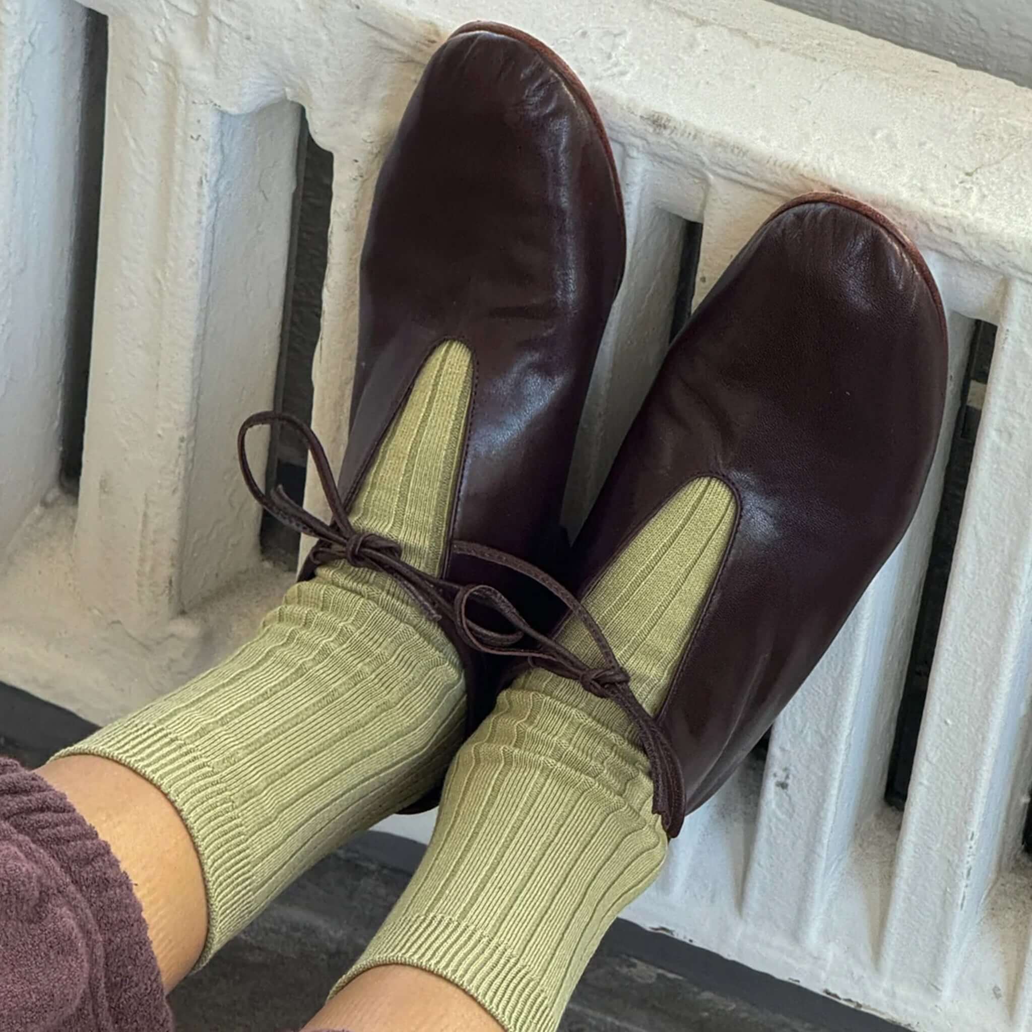 Le Bon Shoppe Her Cotton Socks - Avocado paired with brown leather shoes, showcasing a stylish outfit.
