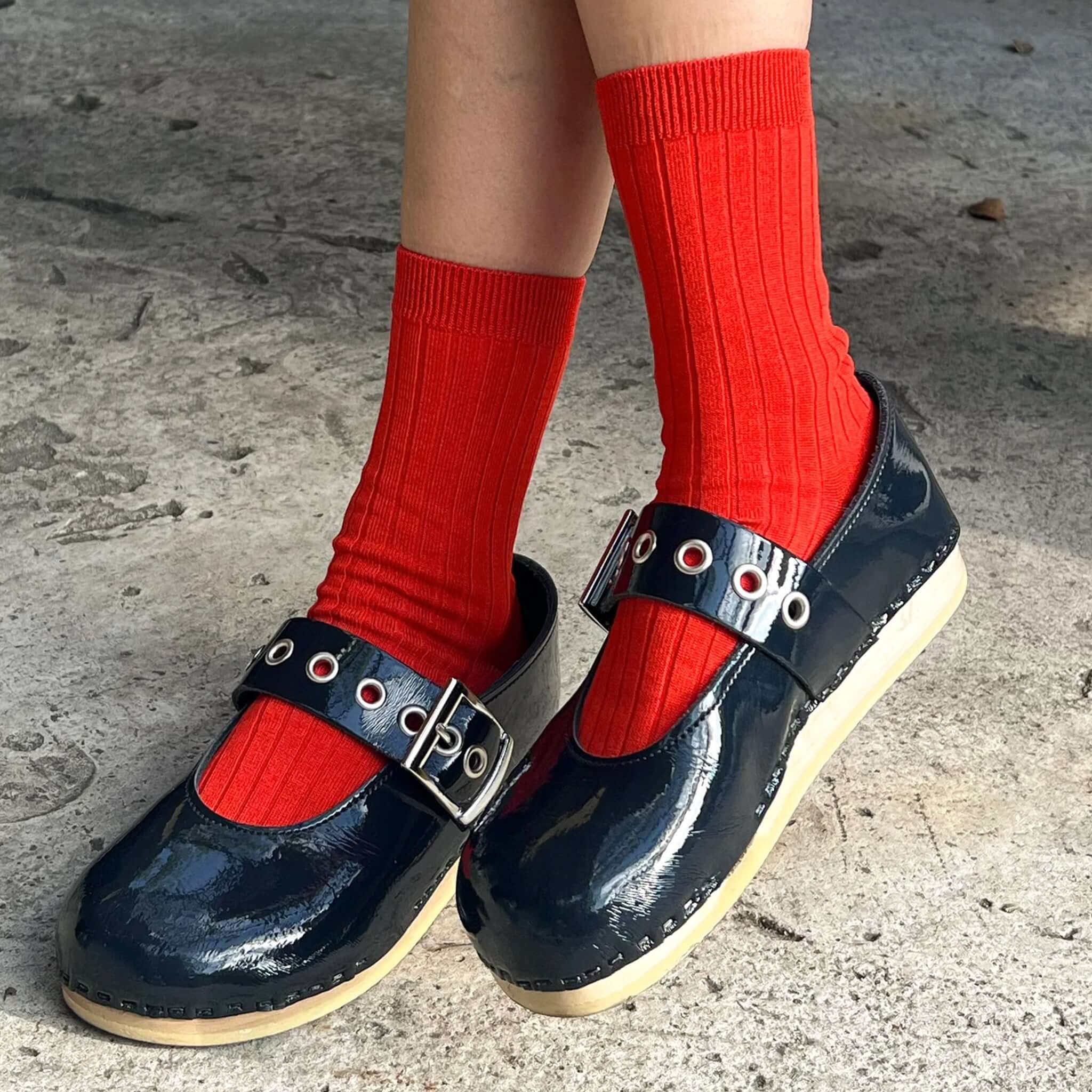 Le Bon Shoppe Her Cotton Socks - Ketchup paired with stylish black shoes on a casual outfit.