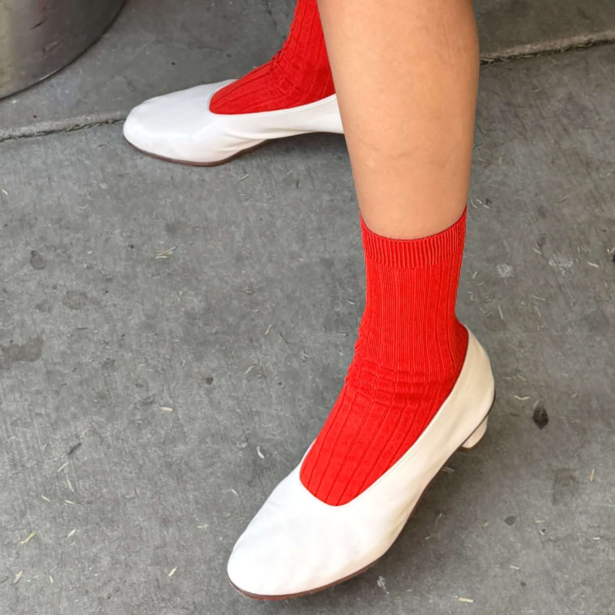 Le Bon Shoppe Her Cotton Socks - Ketchup paired with white flats on a casual outfit.