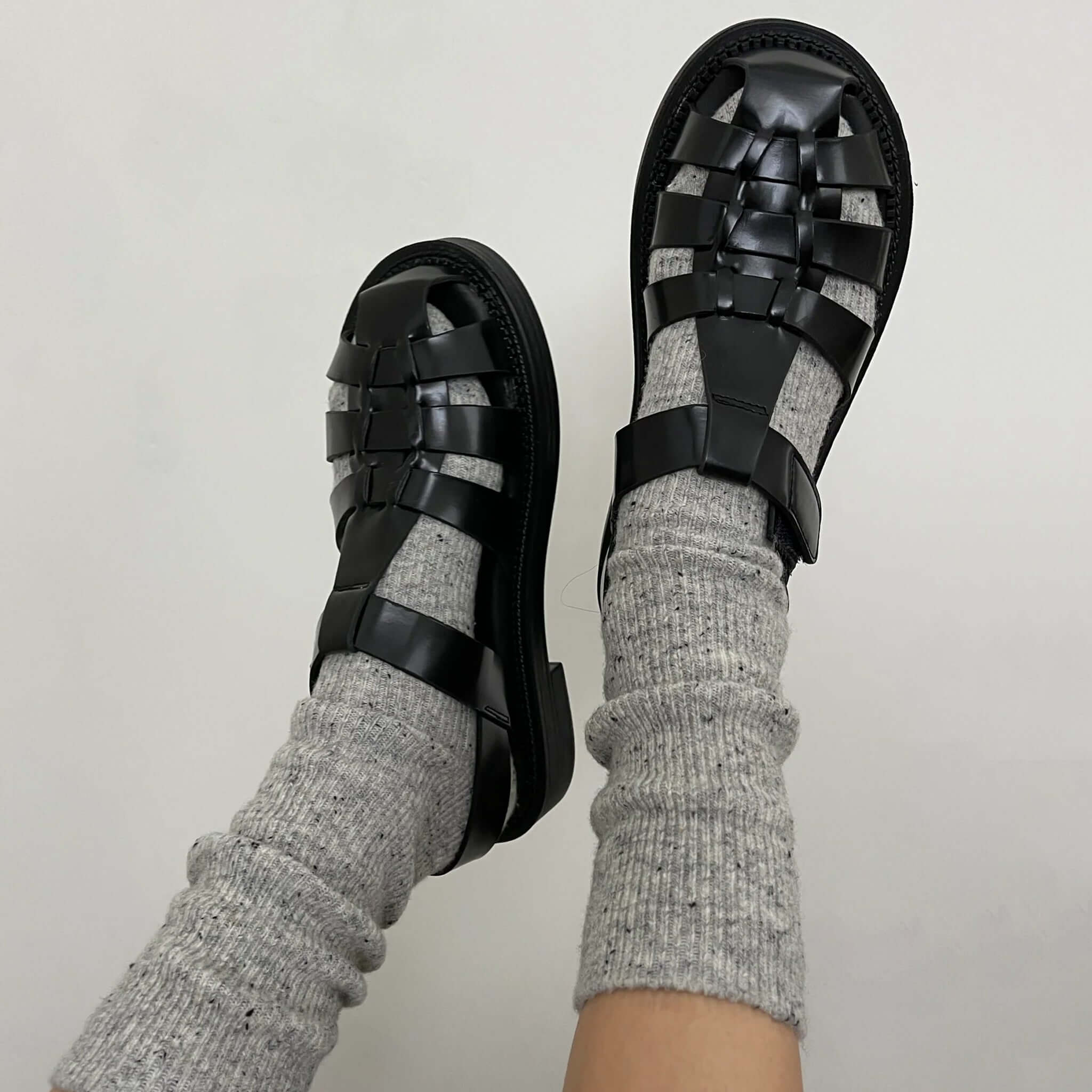 Le Bon Shoppe Snow Socks - Cookies & Cream worn with trendy black sandals, showcasing winter fashion style.