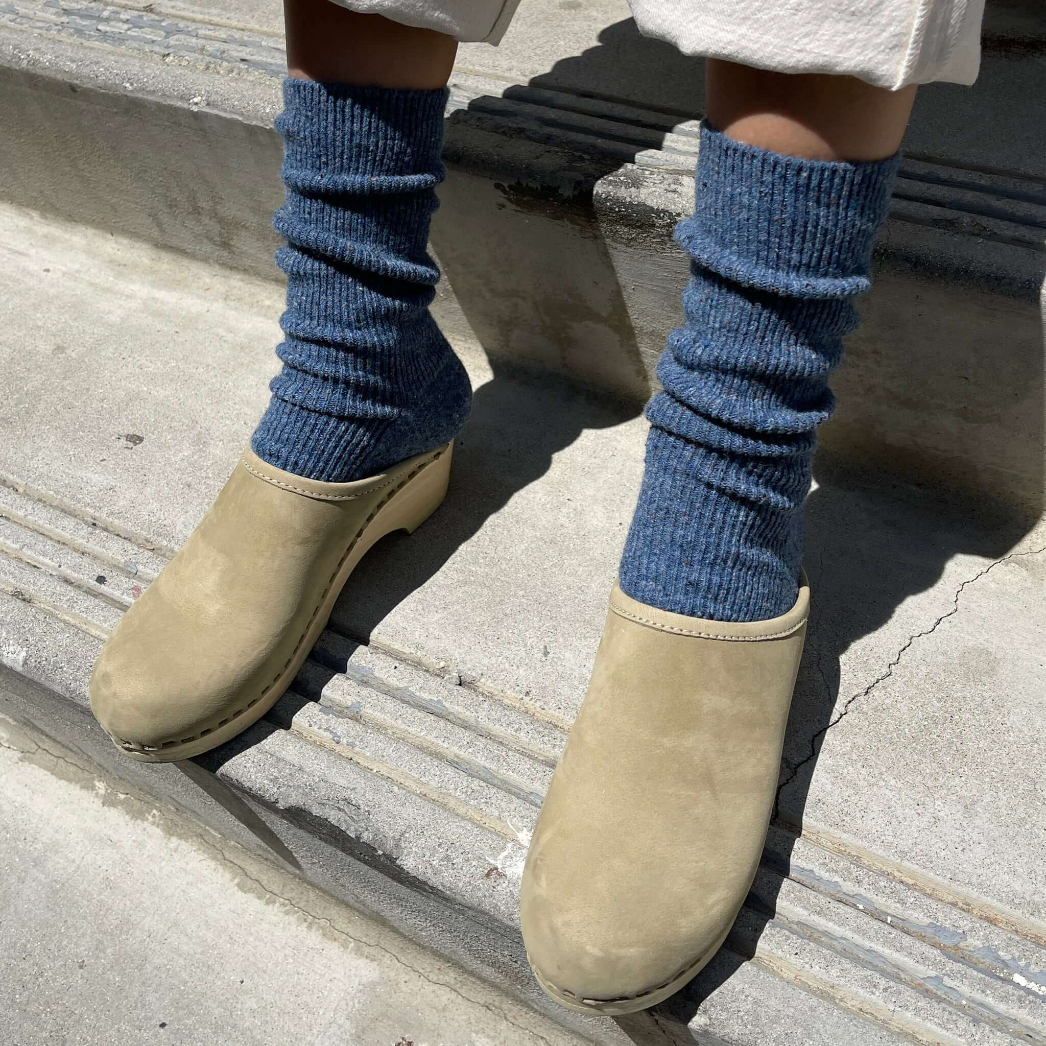 Le Bon Shoppe Snow Socks - Denim styled with clogs, showcasing the cozy wool blend sock design.