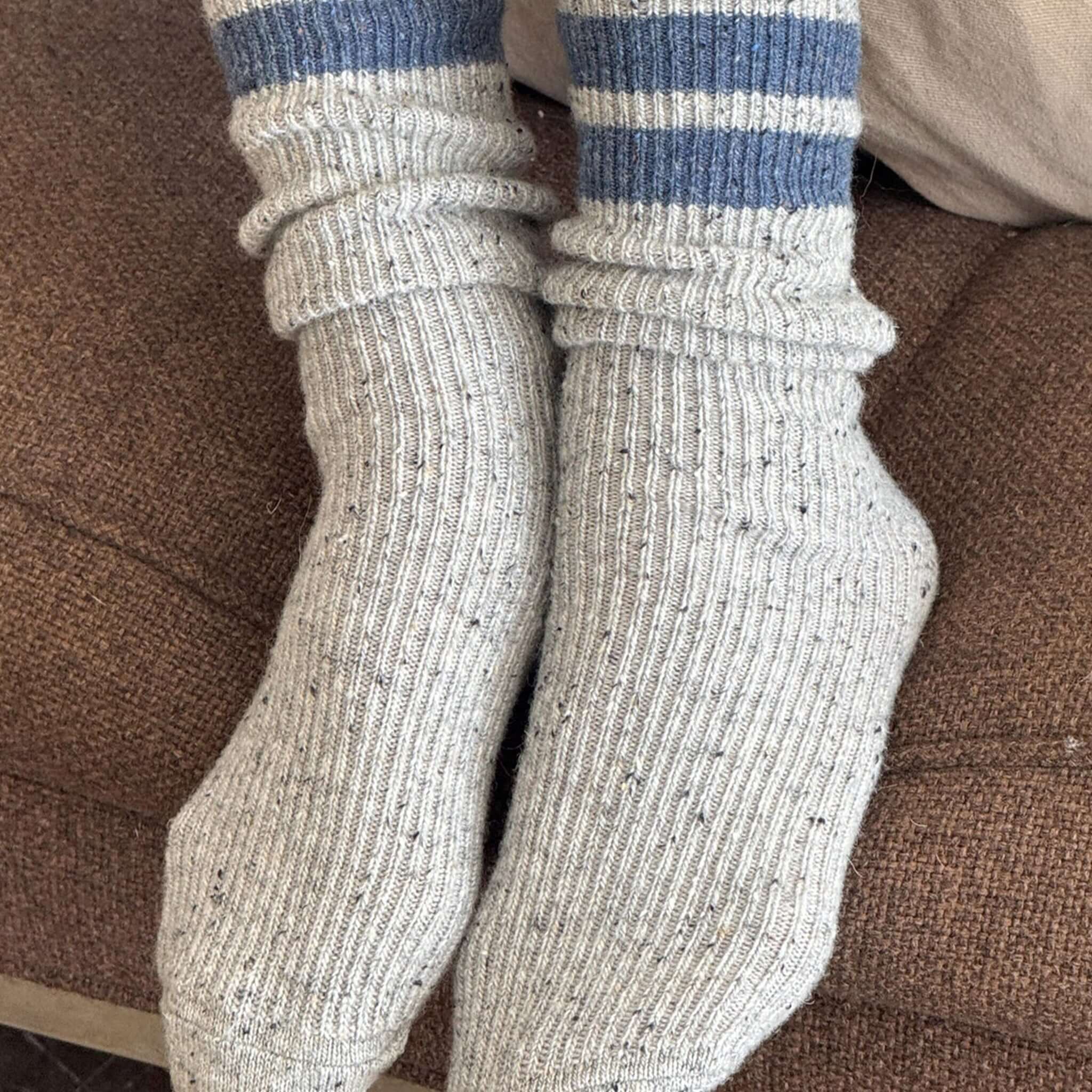 Le Bon Shoppe Snow Varsity Socks - Grey & Blue worn comfortably, showcasing their cozy wool-blend design.