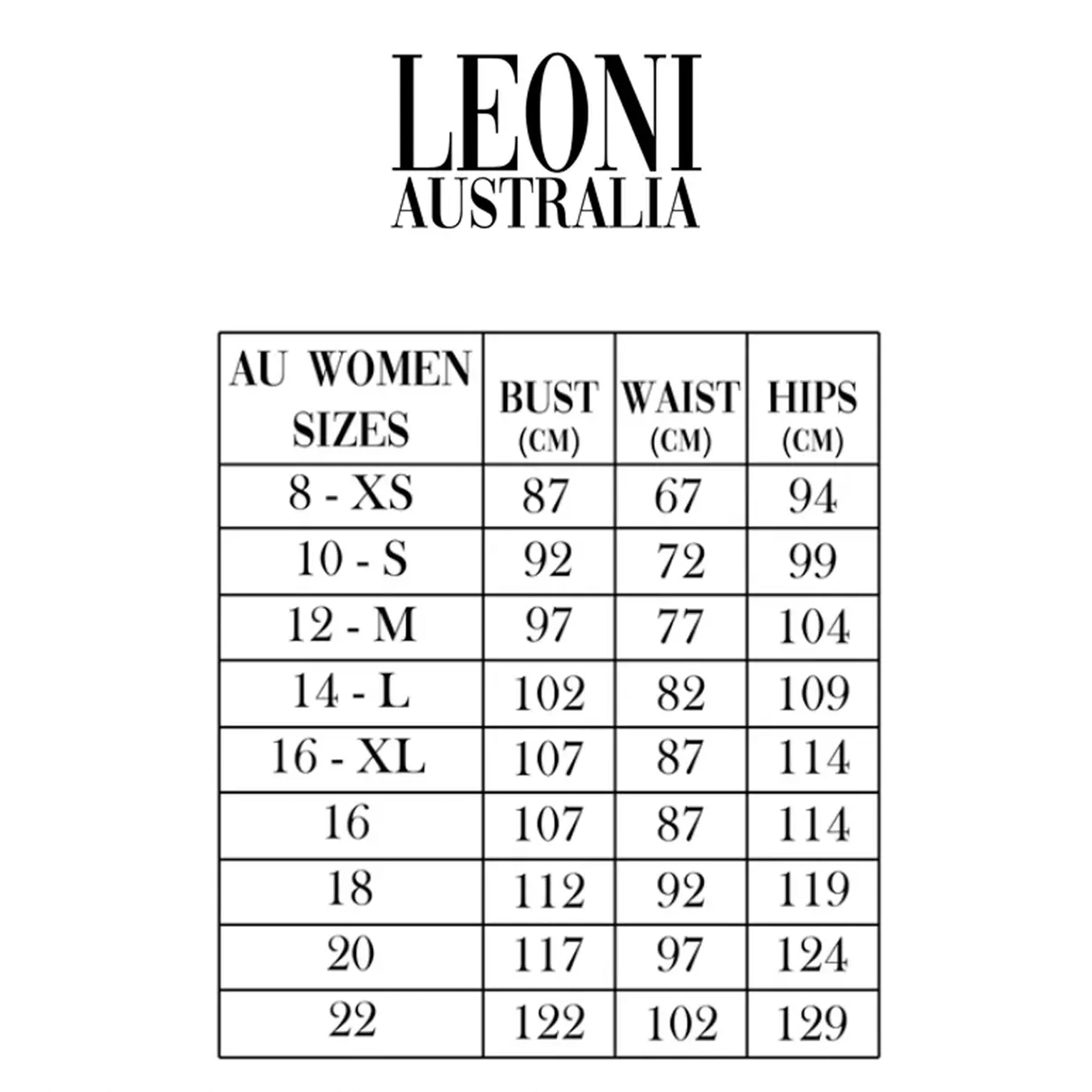 Size chart for women's clothing by LEONI Australia with bust, waist, and hips measurements.