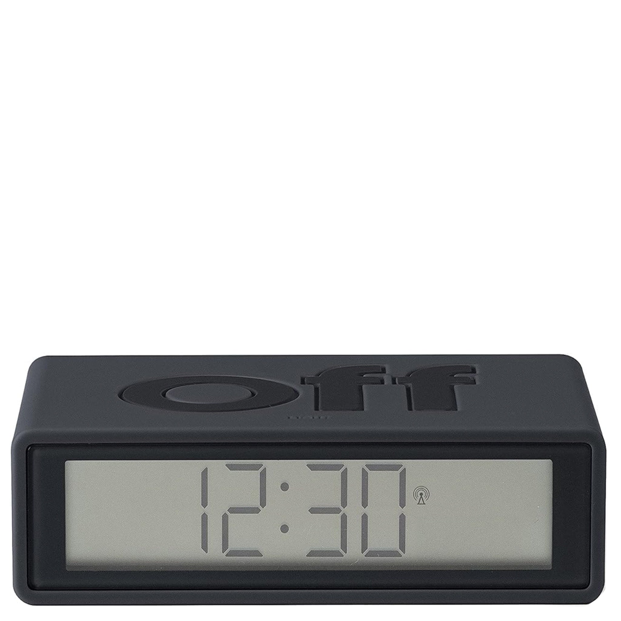 Black digital alarm clock with 'Off' button on a white background