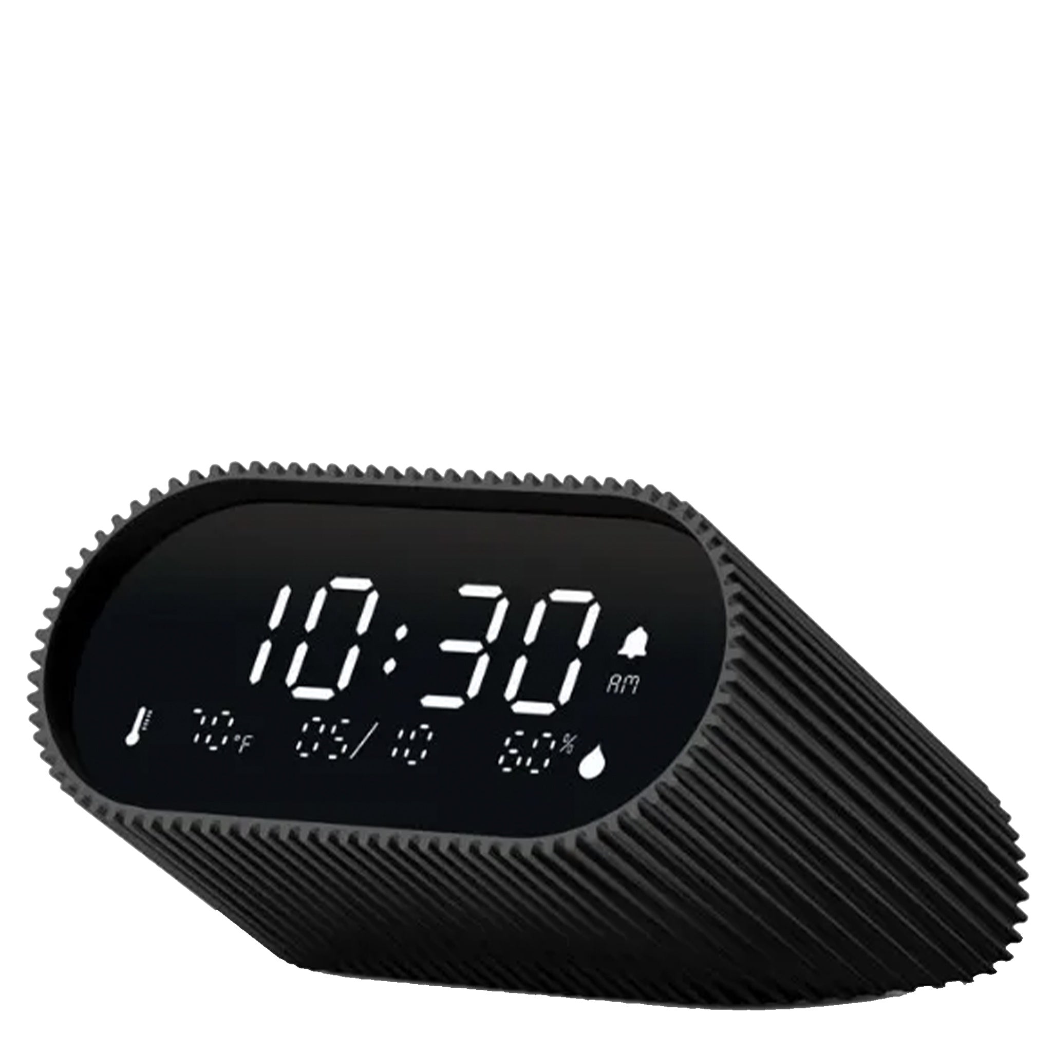 Black digital clock with time, temperature, and humidity display on a white background