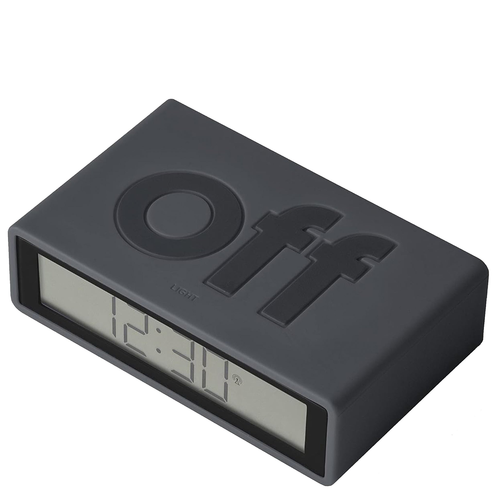 Black digital clock with 'off' button on a white background
