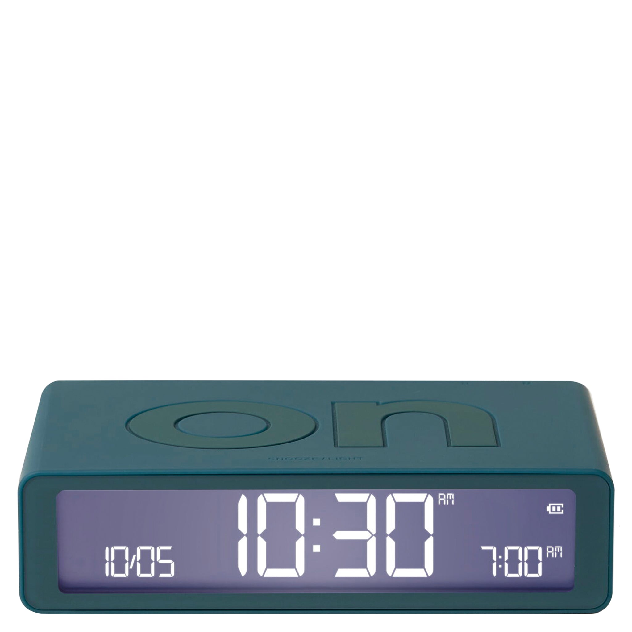 Digital clock with blue casing and purple display on a white background