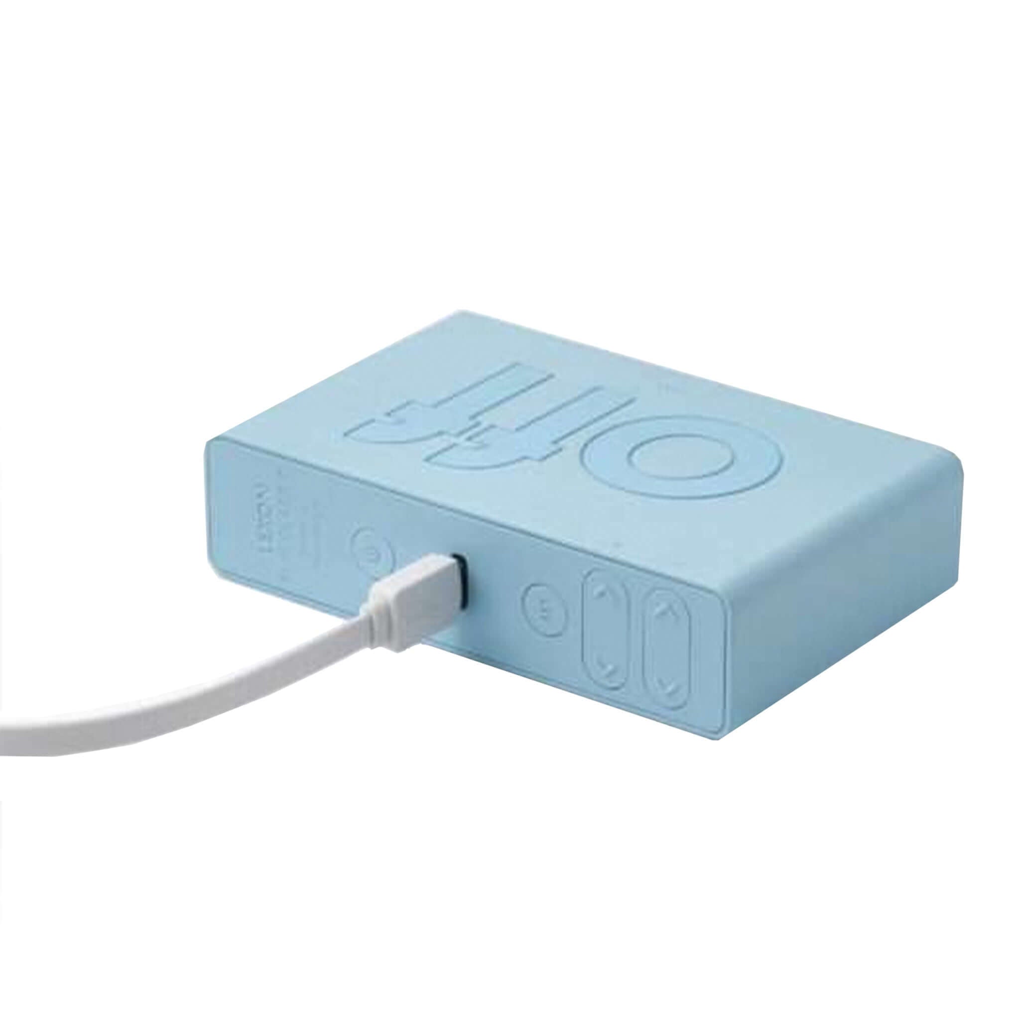 Alt Tag: Lexon Flip Classic Reversible LCD Alarm Clock - Light Blue back view with USB charging cable and flip ON/OFF design