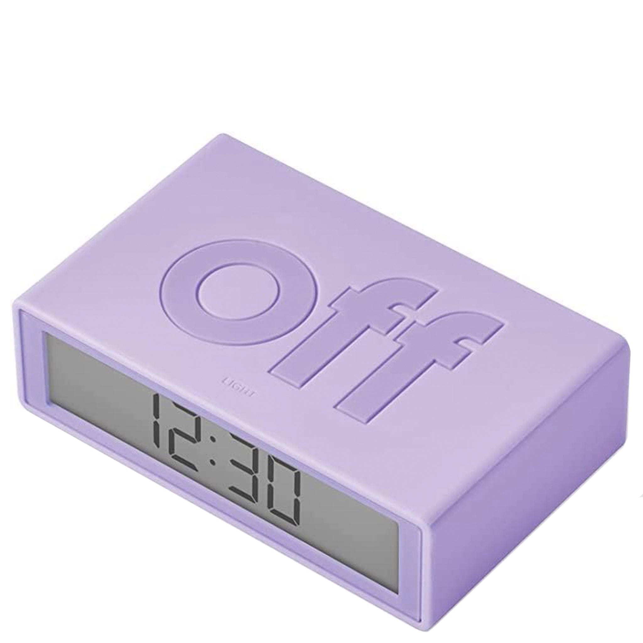 Purple digital clock with 'Off' button on a white background