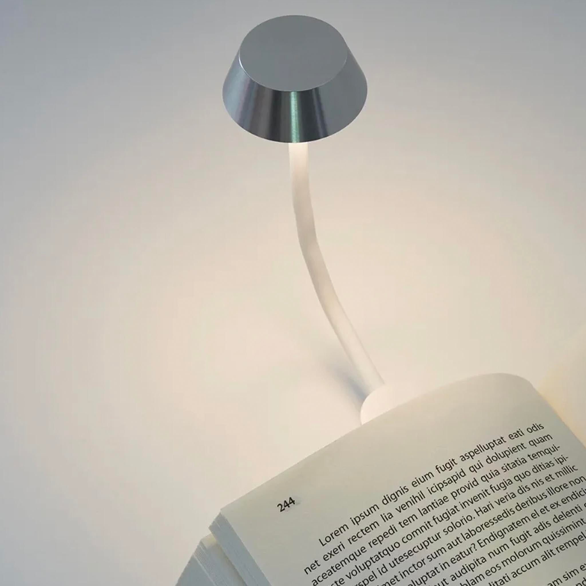 Reading lamp with flexible neck illuminating a book on a white background