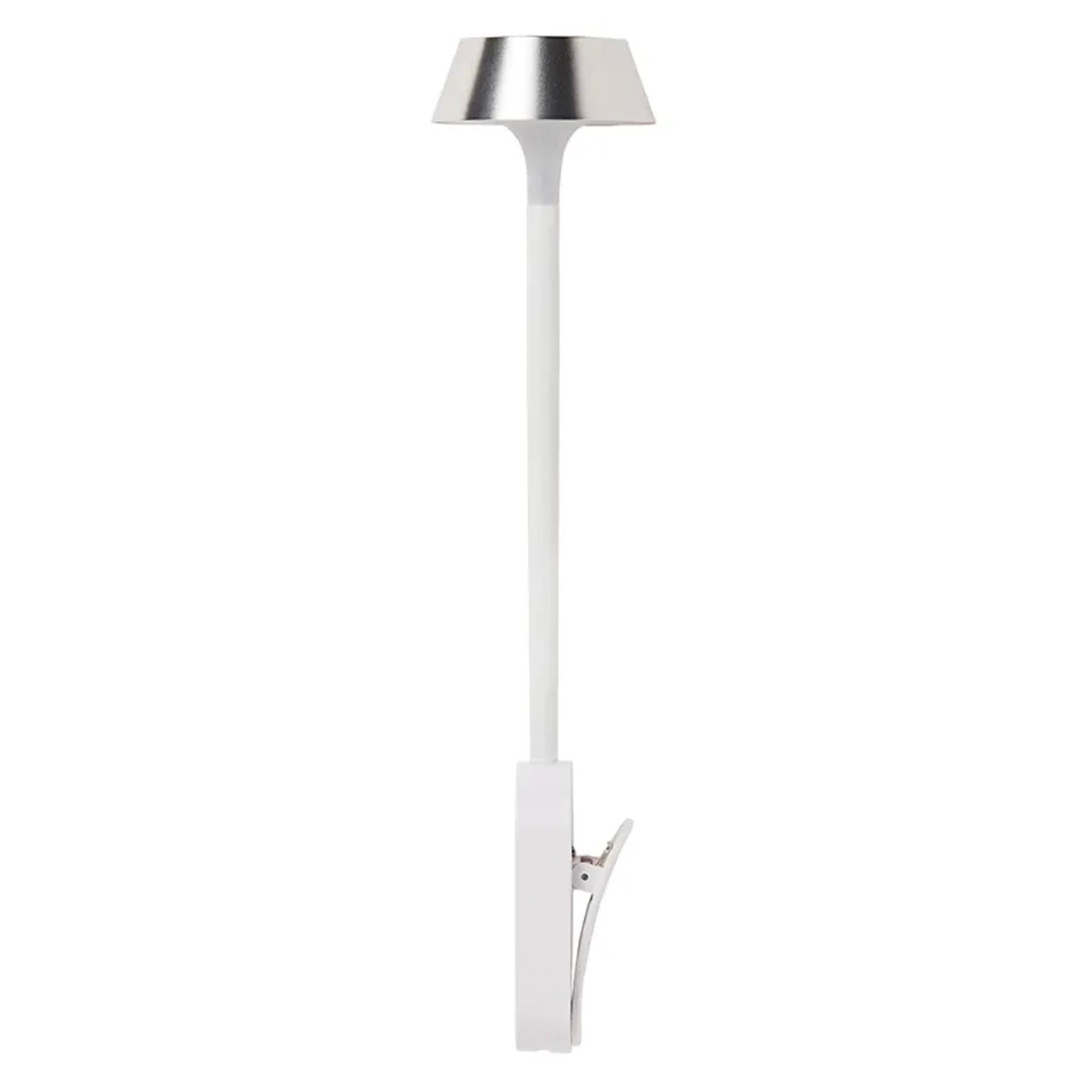 White clip on lamp with a silver shade on a white background