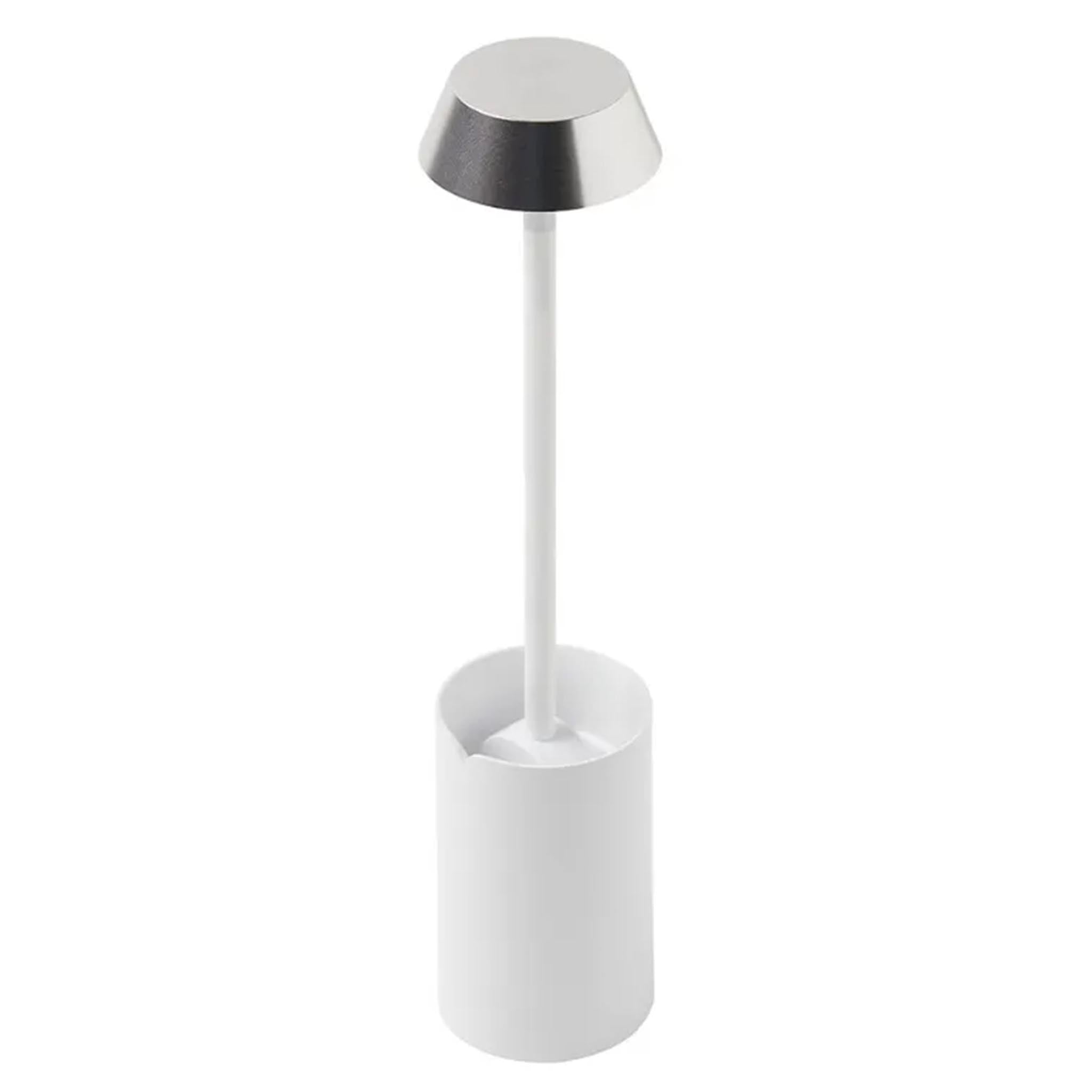 White clip on lamp with a silver shade on a white background
