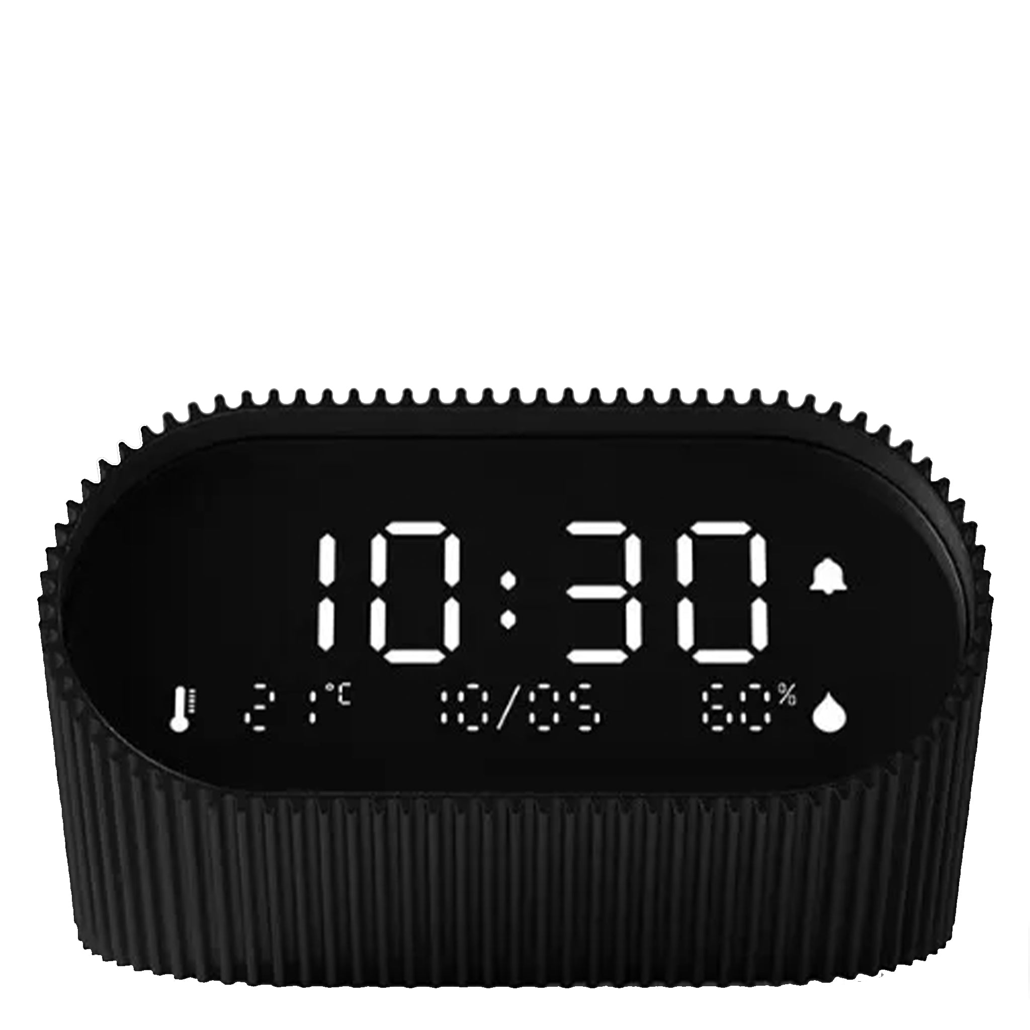 Black digital clock with LED display on a white background