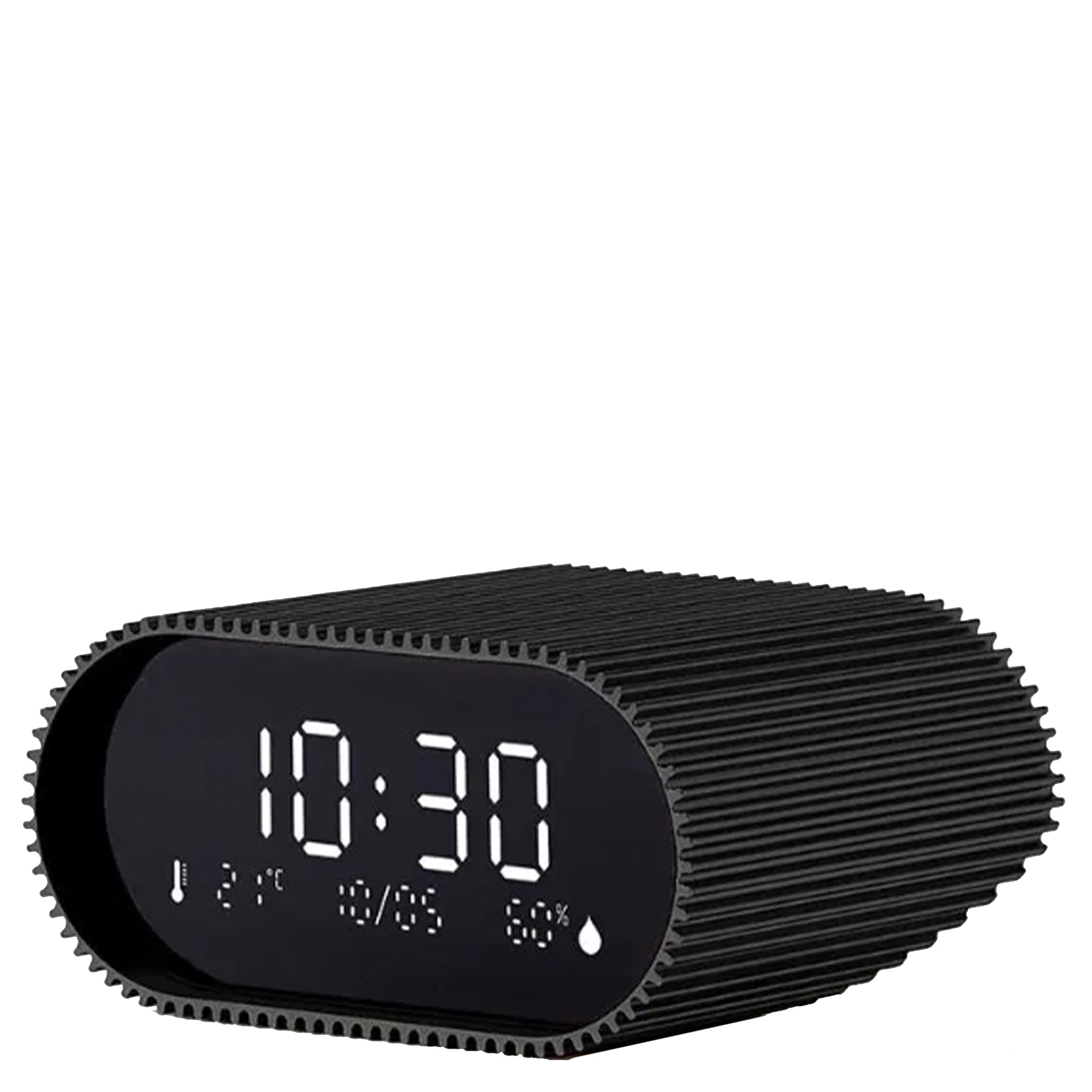 Black digital clock with LED display on a white background