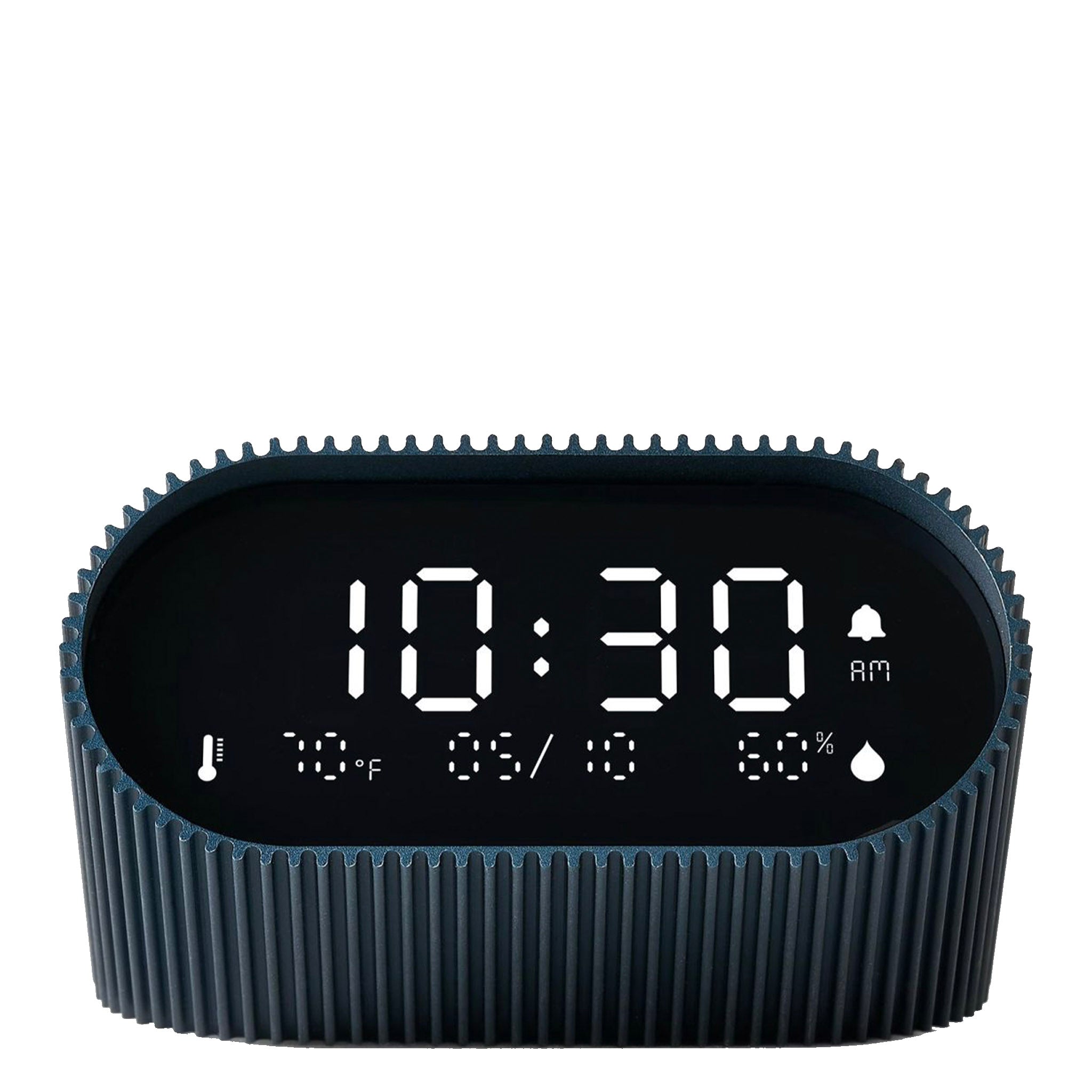 Digital clock with a textured blue casing on a white background