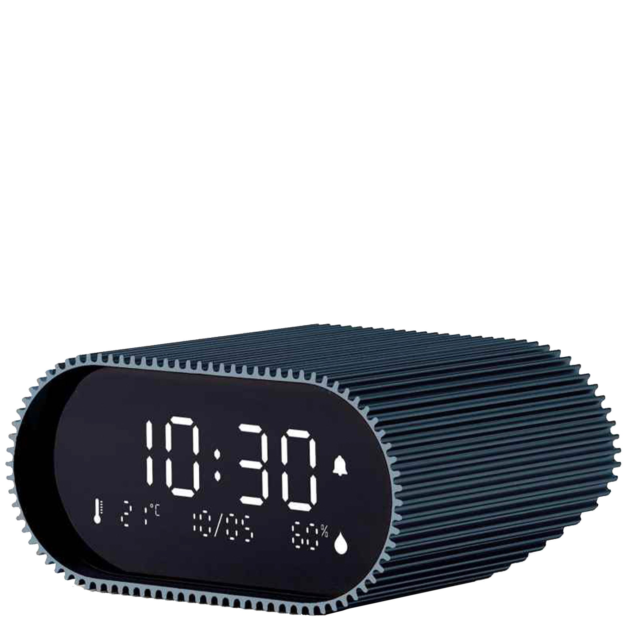 Digital clock with a textured blue casing on a white background