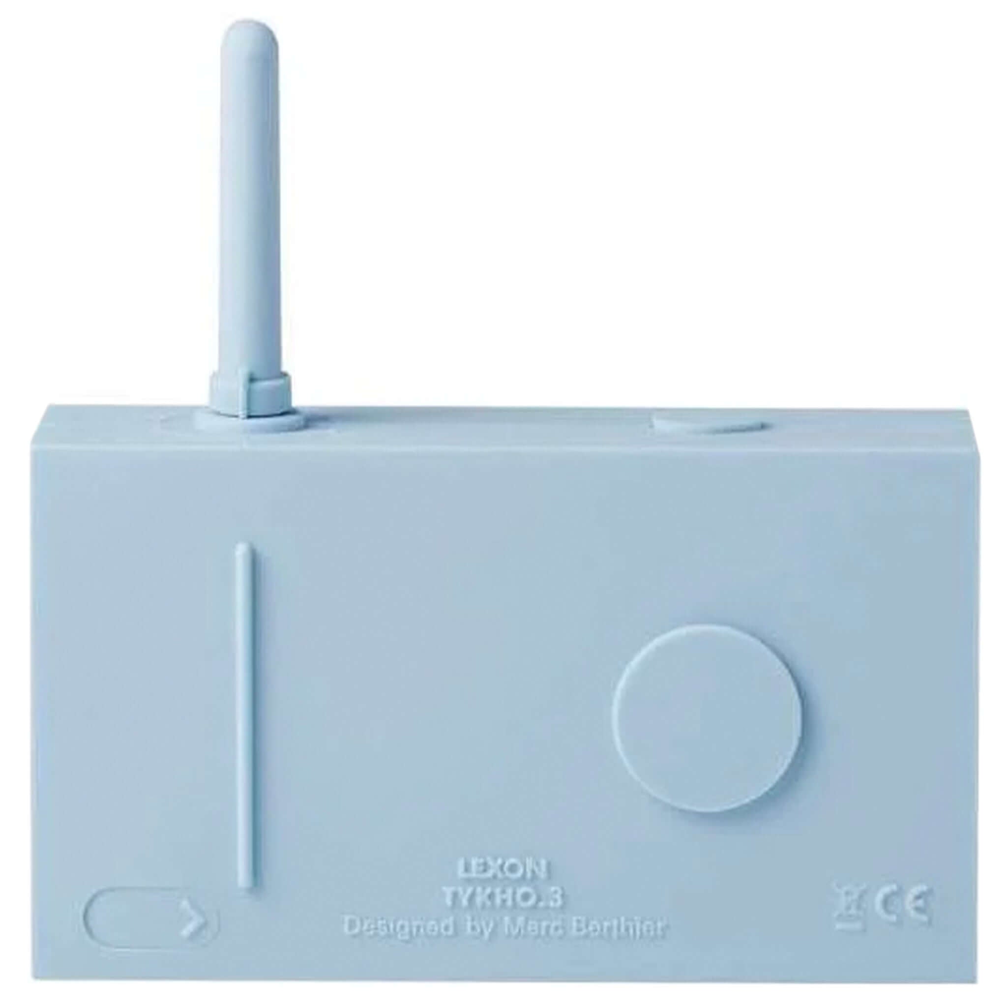 Lexon TYKHO 3 FM Radio & Bluetooth Speaker - Light Blue back view with antenna and control knobs.