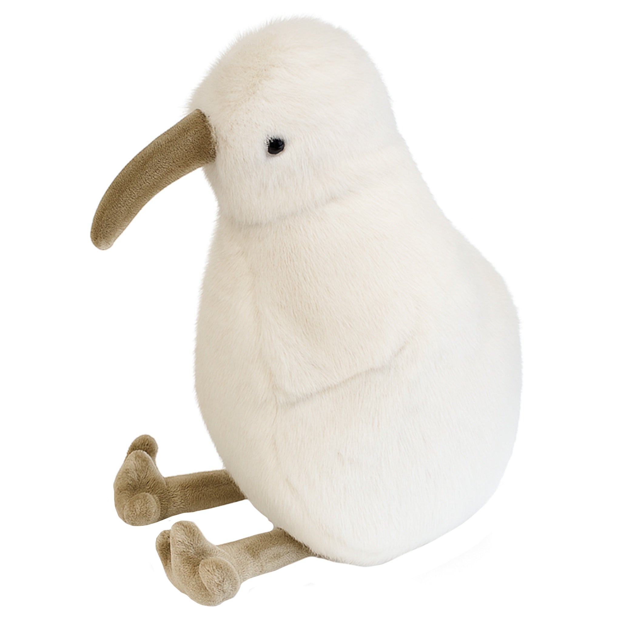 Plush toy resembling a white bird with a brown beak on a white background