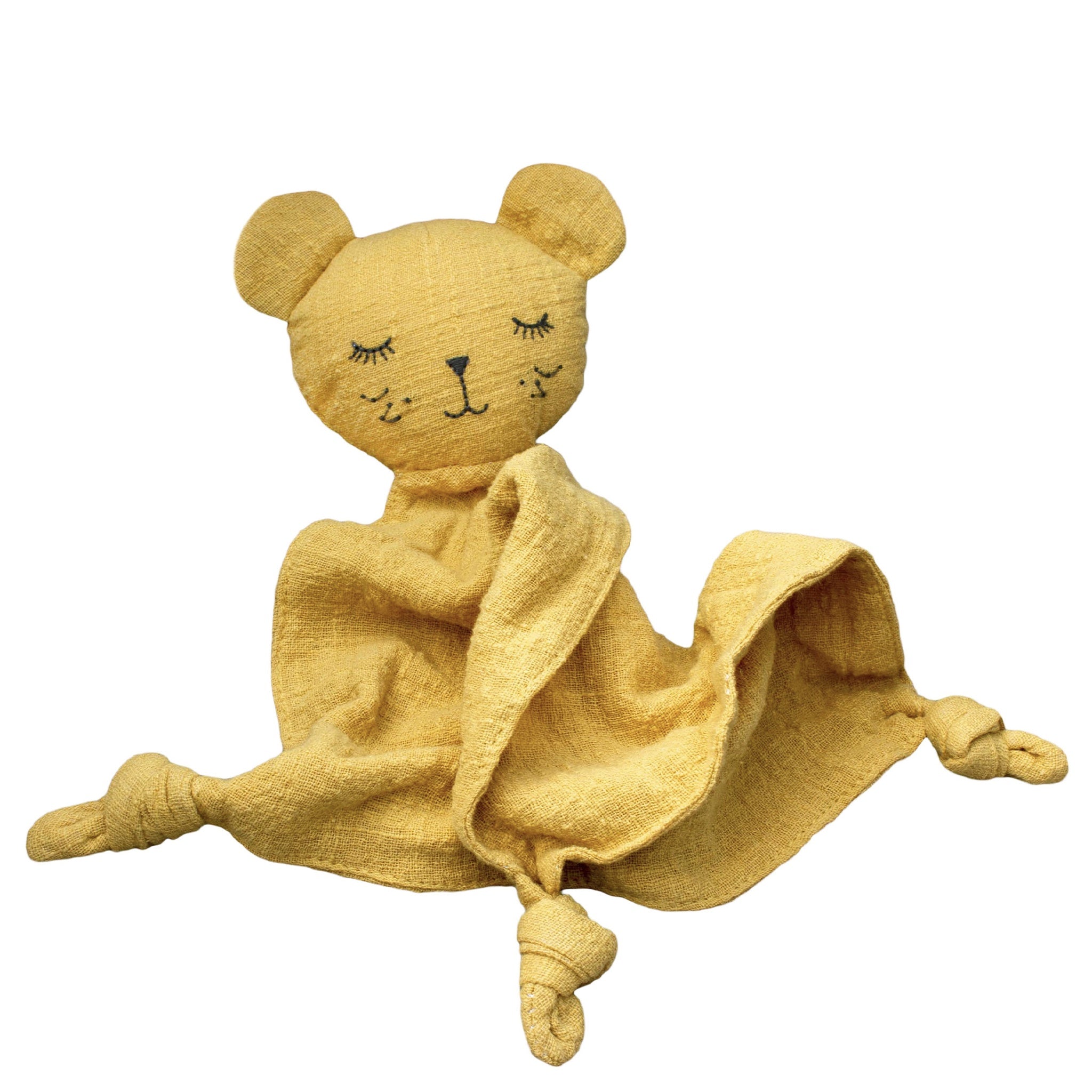 Yellow teddy bear plush toy with a blanket on a white background