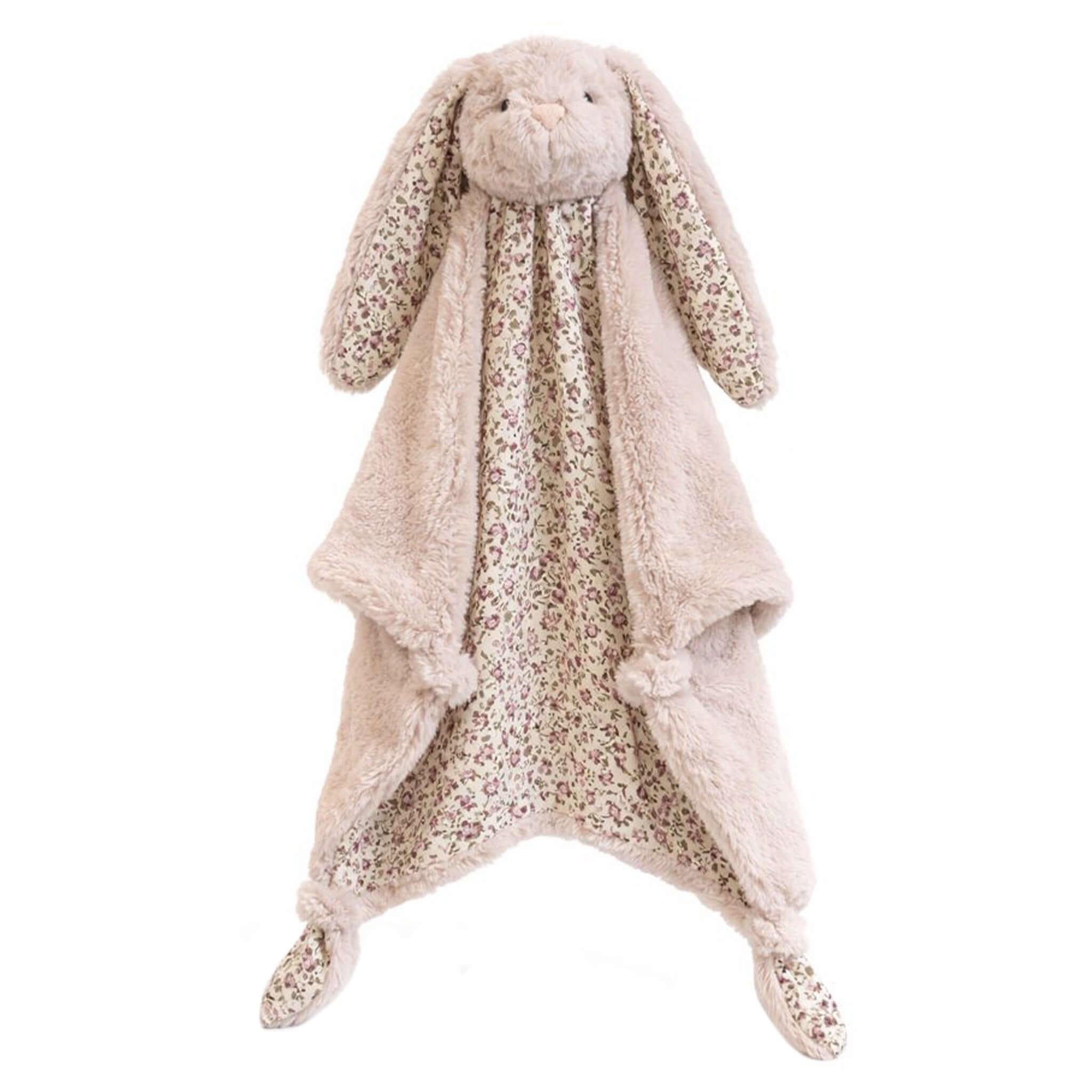 Alt Tag: Lily & George Plush Baby Comforter - Macie the Bunny soft beige bunny comforter blanket with floral inner, lightweight breathable baby sleep cuddle toy