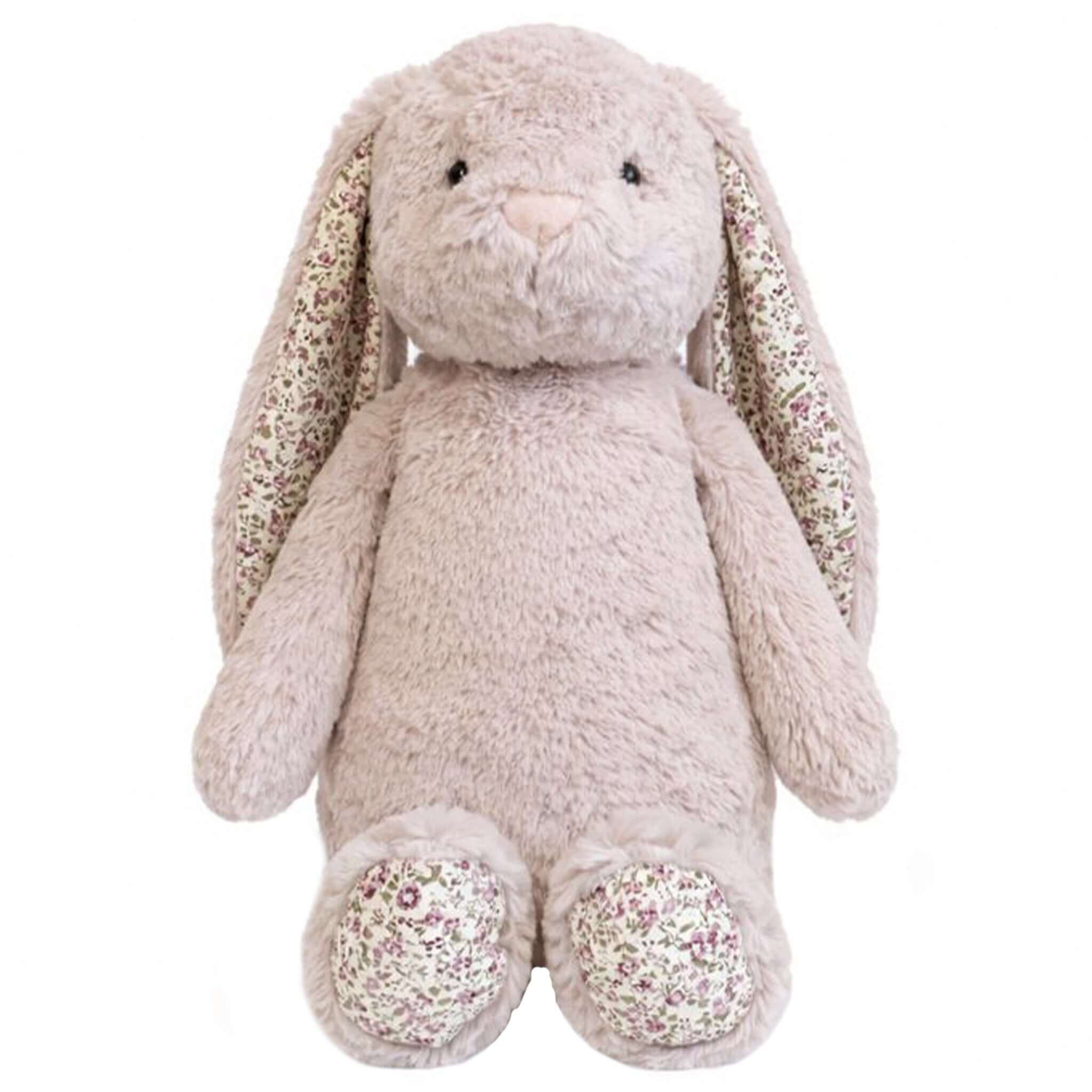 Alt Tag: Lily & George Plush Bunny - Macie soft plush bunny toy with floral print ears and feet, 35.5cm cuddly heirloom gift