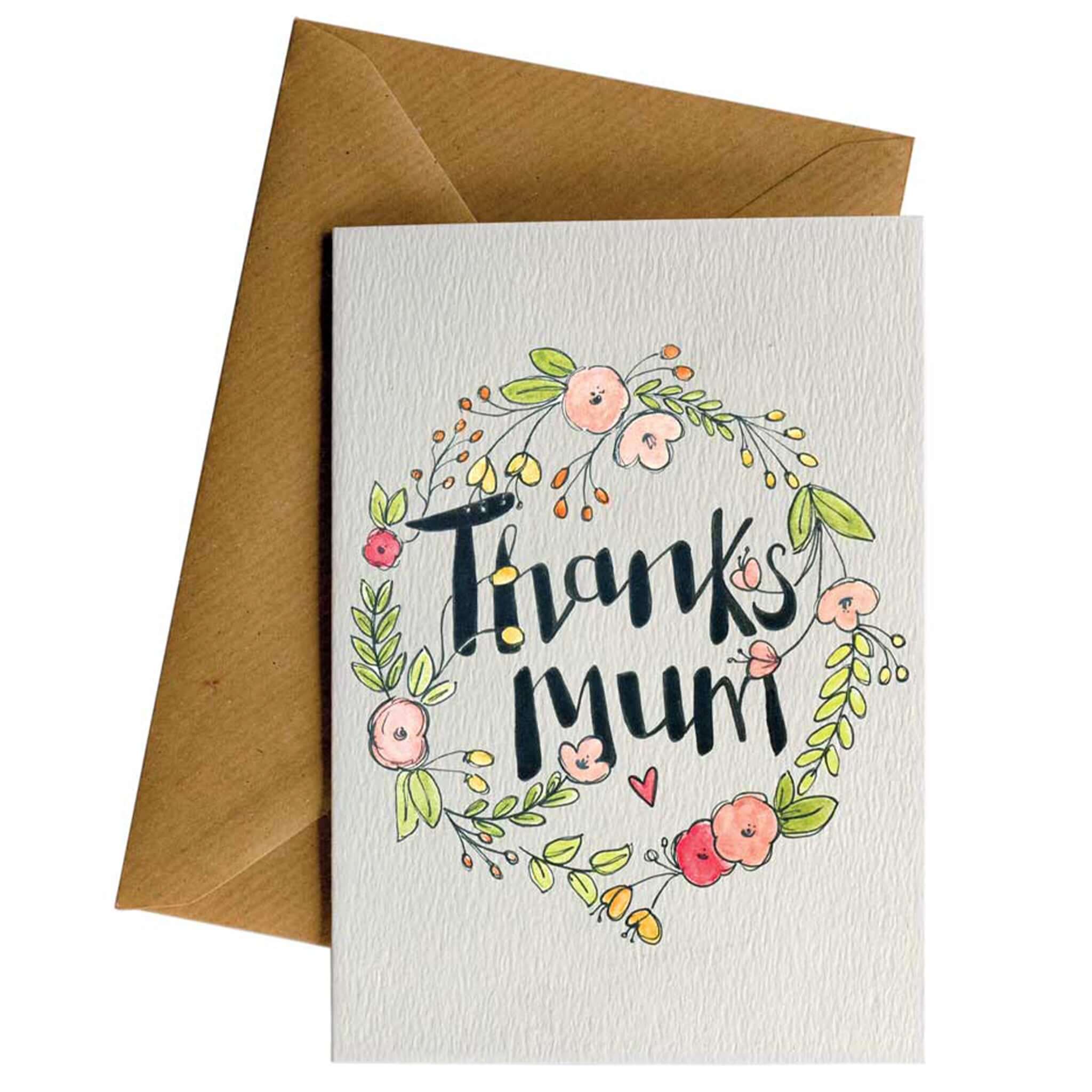 Little Difference Card - Thanks Mum Wreath on recycled card with kraft envelope and hand-drawn floral design.