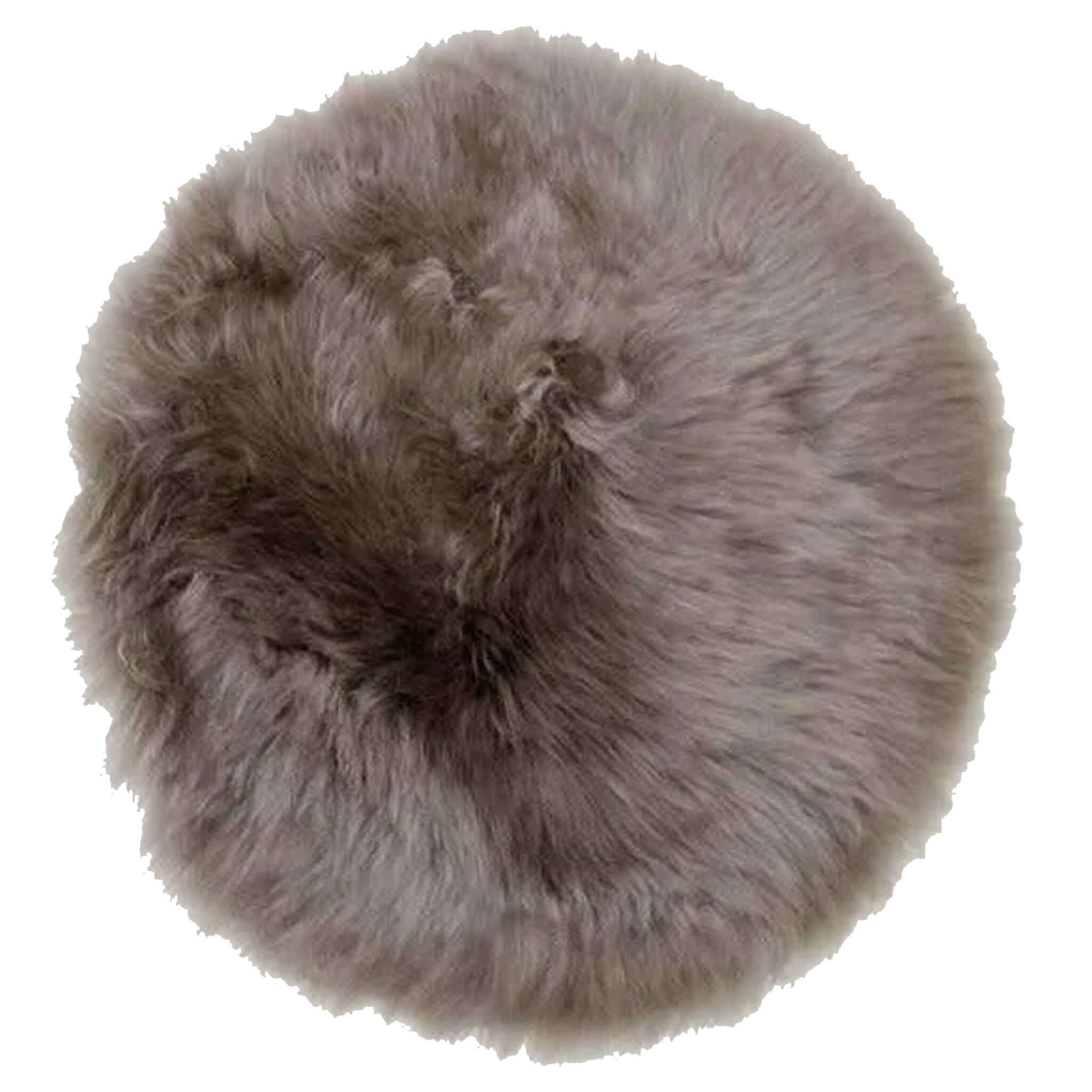 Alt Tag: Long Wool Sheepskin Circle Chair Pad - Vole grey long wool sheepskin round chair pad, approx 37cm diameter